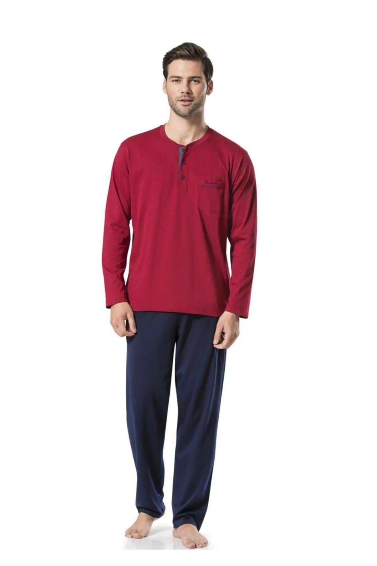 ست پیژامه قرمز مردانه لباس خواب نخی آستین بلند YS5454 Pierre Cardin