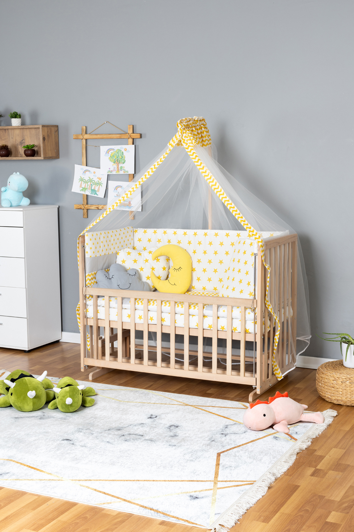 Wooden Crib Mother Side Crib Organic 60x120 - Yellow Star 3 Pillow Sleeping Set + Bed