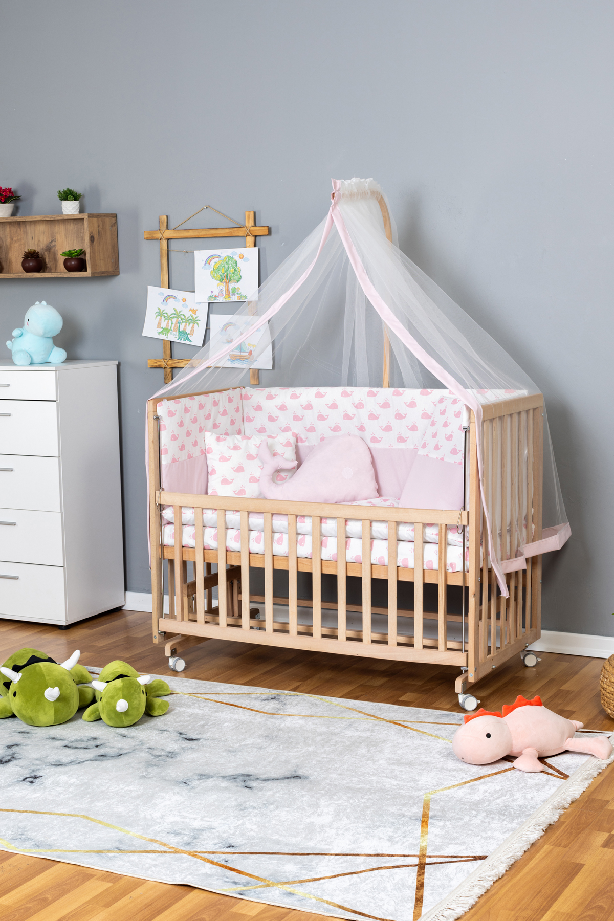Wooden Crib Mother Side Crib Organic 60x120 - Pink Whale Sleeping Set + Bed + Wheel