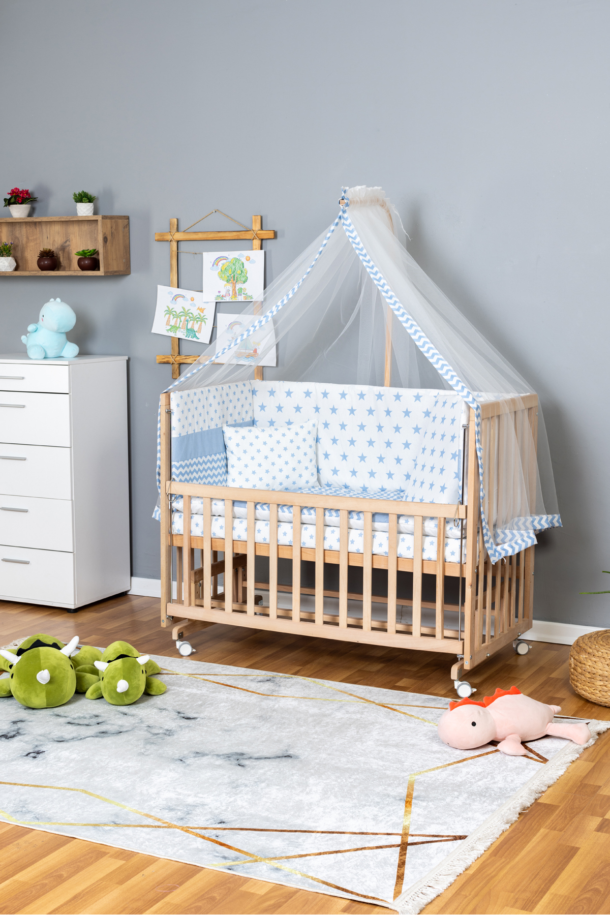 Wooden Crib Mother Side Crib Organic 60x120 - Blue Star 1 Padded Sleeping Set + Bed + Wheel