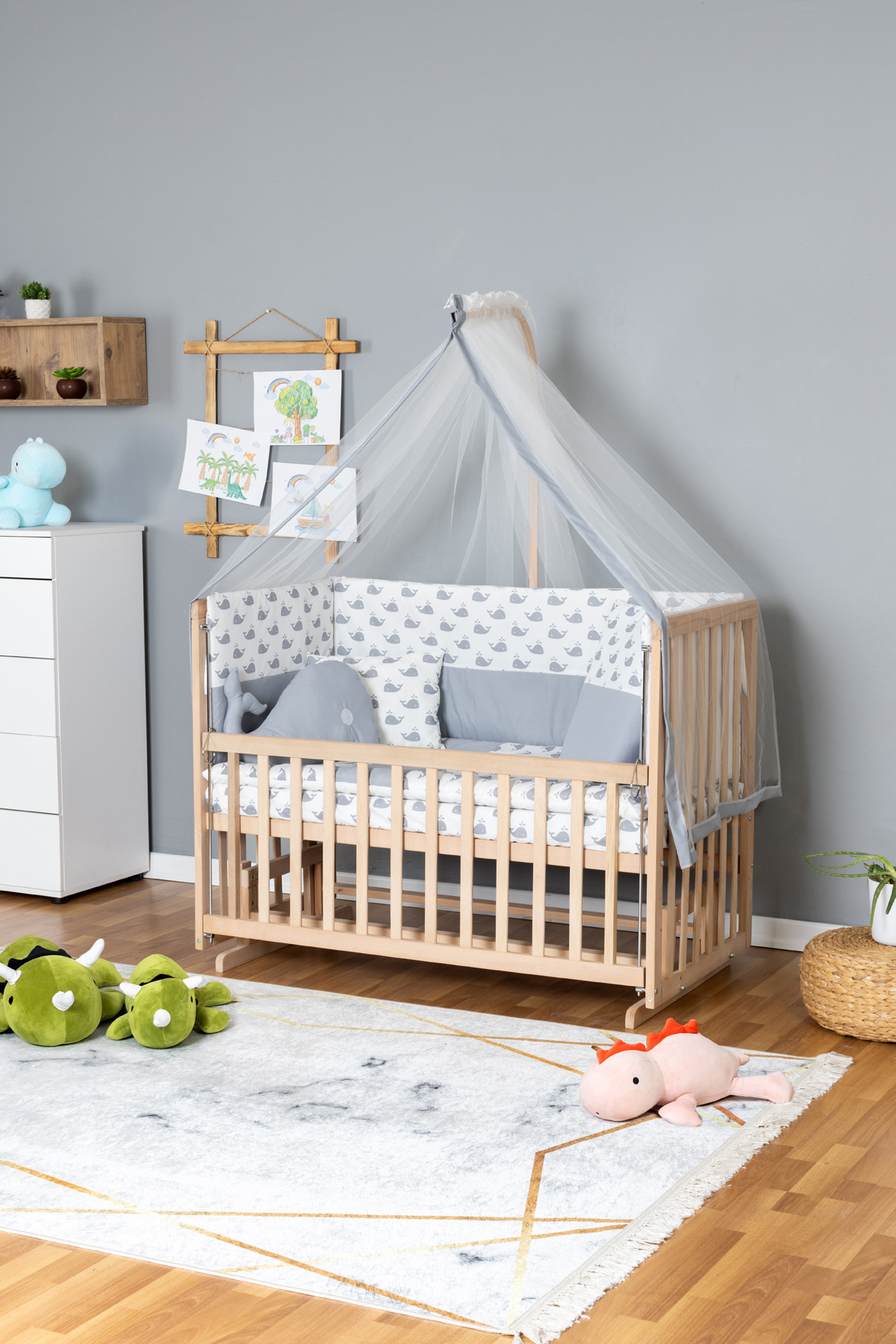 Wooden Crib Mother Side Crib Organic 60x120 - Gray Whale Sleeping Set + Bed