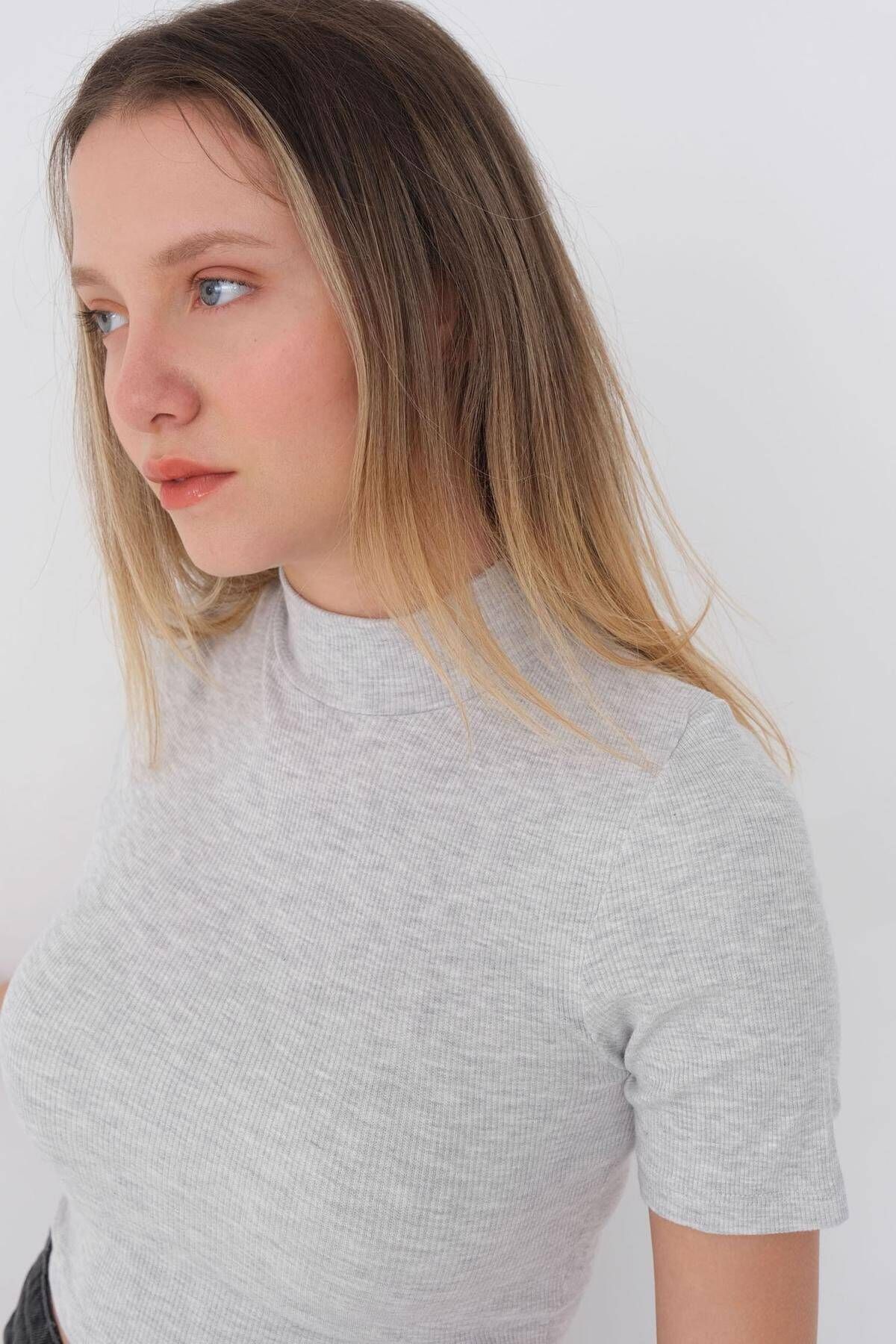 Addax-Základní plodinová halenka s vysokým límcem a krátkým rukávem B1096-asn75 2