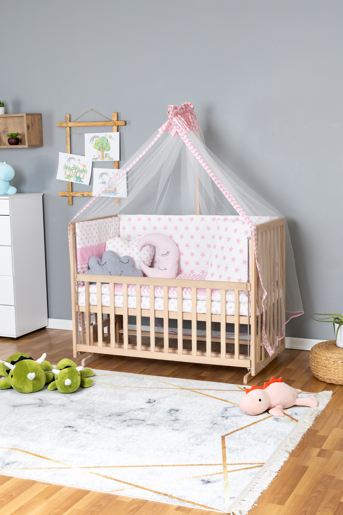 Wooden Crib Mother Side Crib Organic 60x120 - Pink Star 3 Padded Sleeping Set + Bed