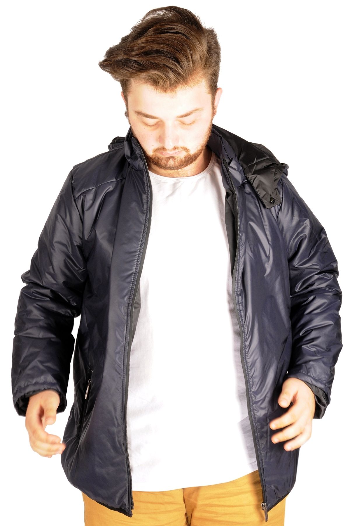 Mode Xl Büyük Beden Erkek Mont Kapşon Basic Checker 21037 Lacivert