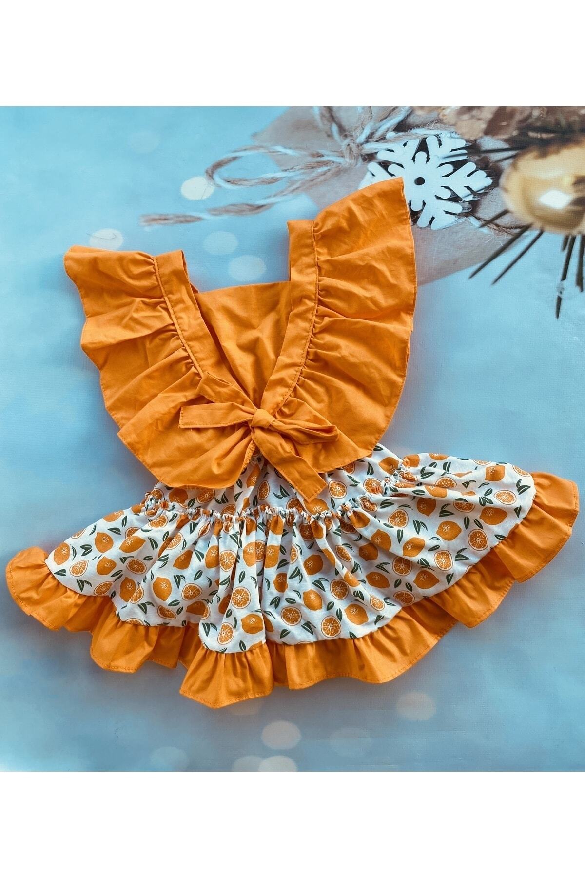 Mini Kids Baby Kız Bebek Turuncu Portakal Desenli Salopet Çorap Bandana Set fotoğrafı 4 (önizleme)