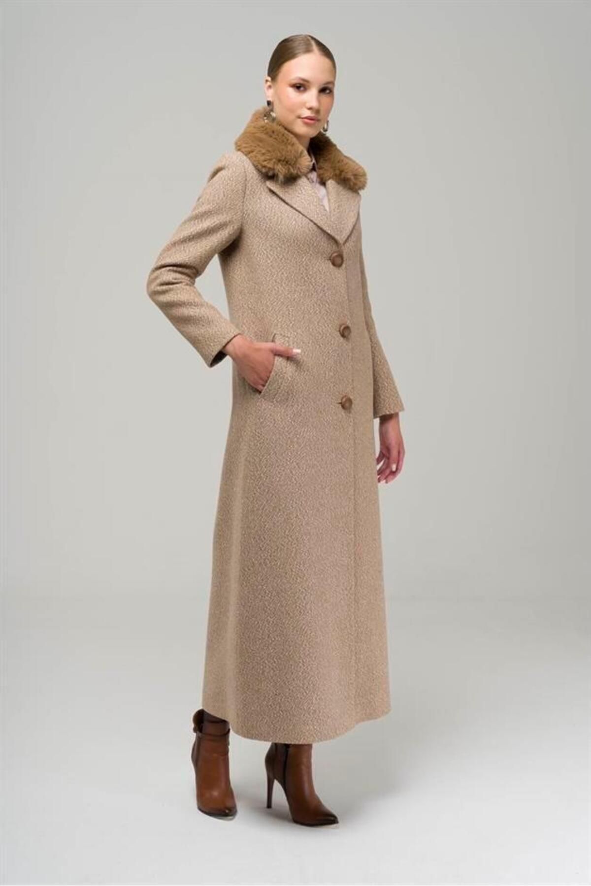 Olcay Furry Herringbone Patterned Coat with Detachable Collar