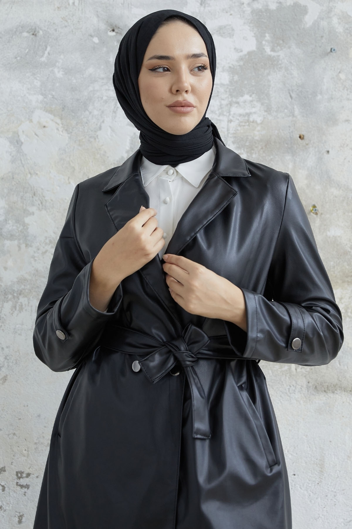 InStyle-Darina Belted Leather Trench - Μαύρο 3