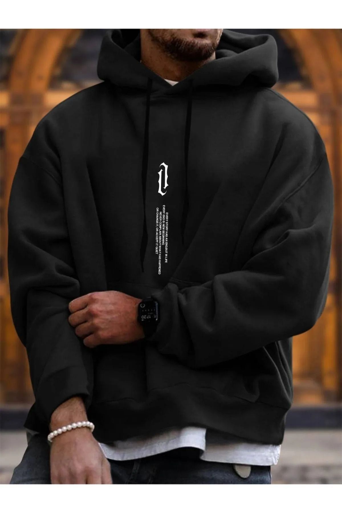 ORLONTEX Erkek Siyah Göğüs Dikey Baskılı Oversize Kapşonlu Sweatshirt