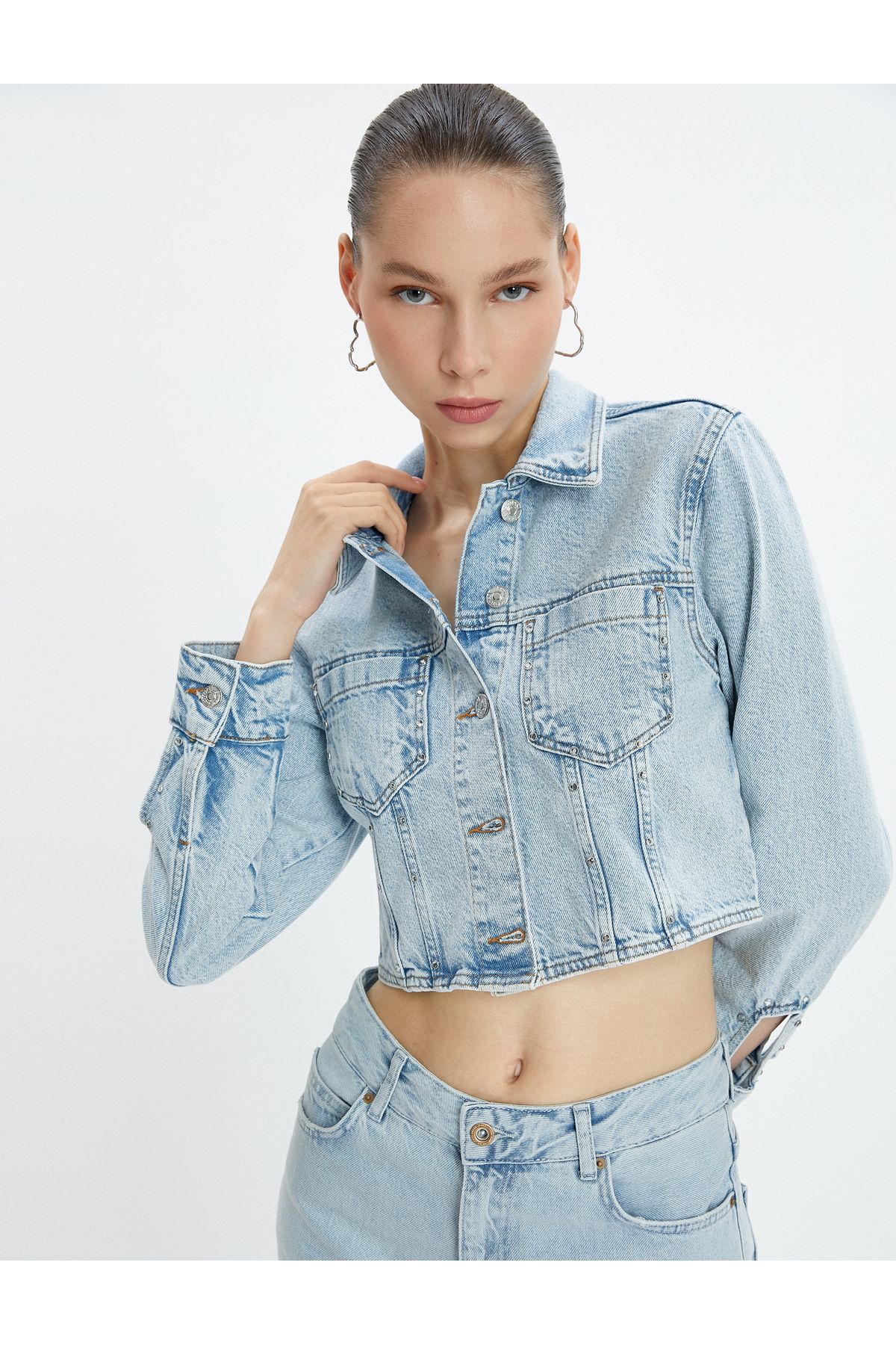 Koton Crop Denim Jacket Pocket Sleeves Window Detailed Stoned Cotton