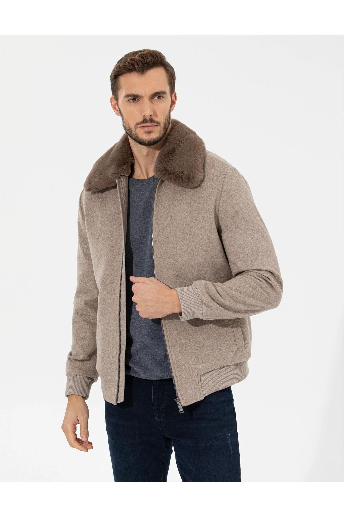 Pierre Cardin CLOVIS Fur Collar Removable Zippered Mink Cashmere