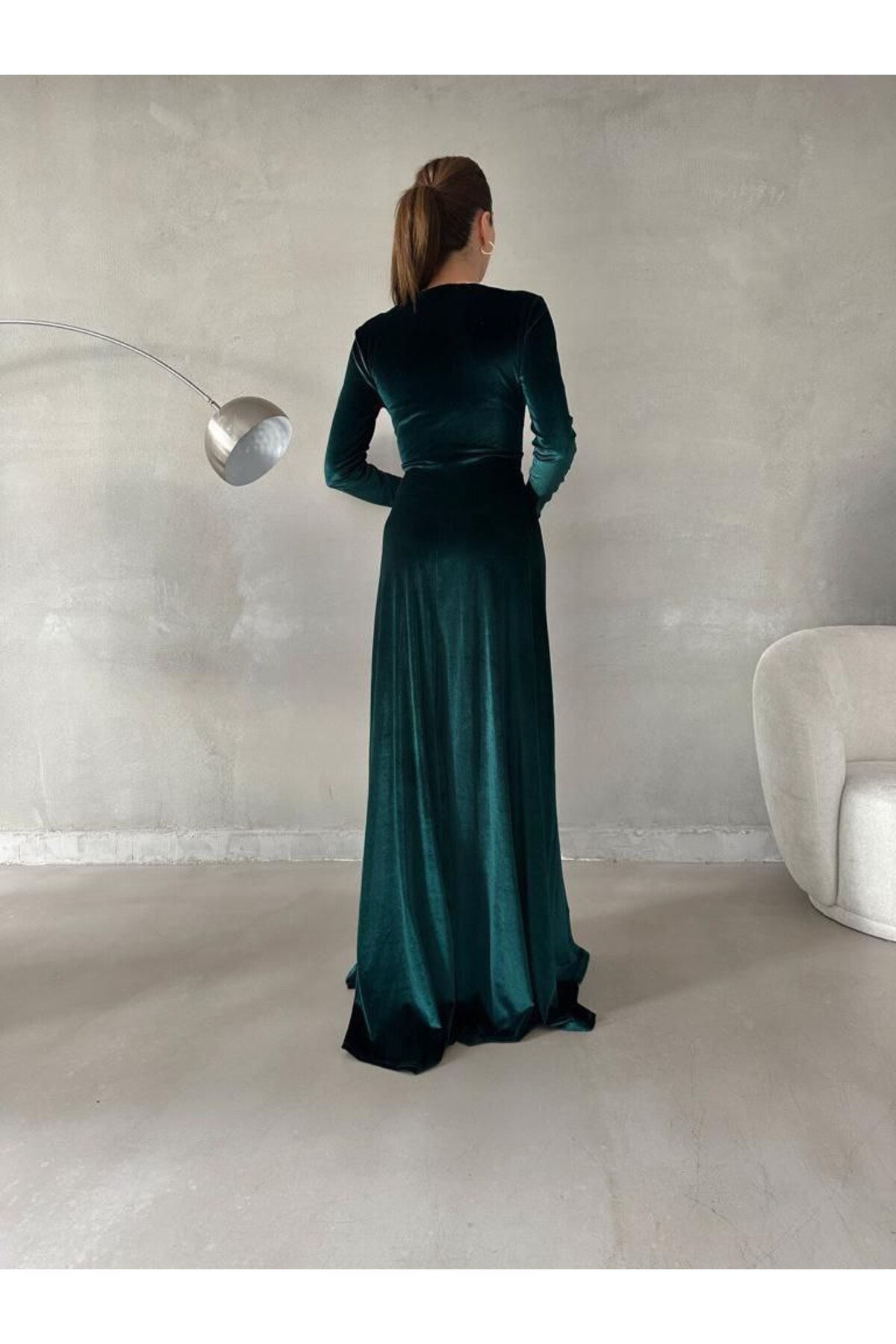 ModaLy Moda FLEXIBLE VELVET FABRIC GREEN COLOR STRAPPED LONG SLEEVE EVENING  DRESS GL-725 581949- Trendyol