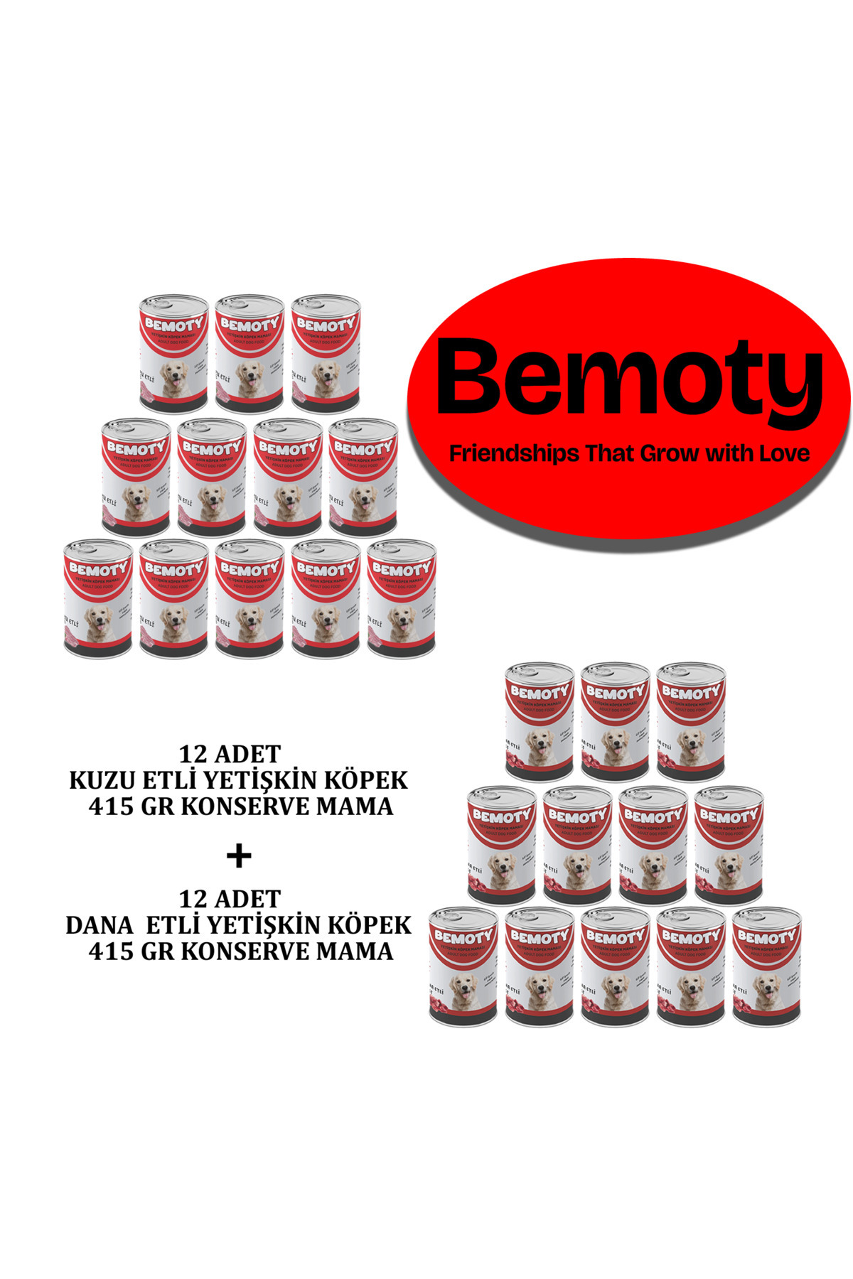 BEMOTY 12 ADET KUZU ETLİ 12 ADET DANA ETLİ YETİŞKİN KÖPEK KONSERVE MAMA 24x415Gr