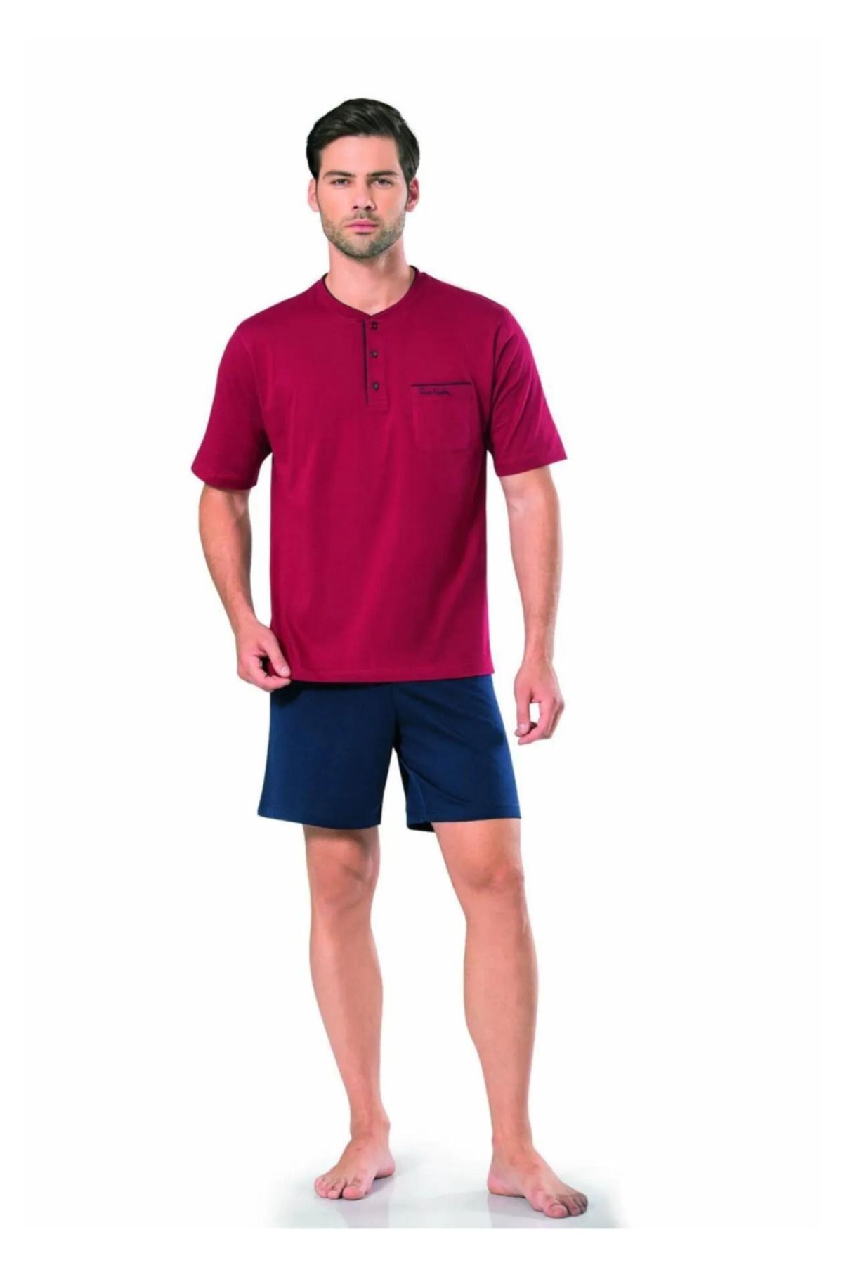 ست پیژامه قرمز مردانه لباس خواب نخی آستین بلند YS5370 Pierre Cardin