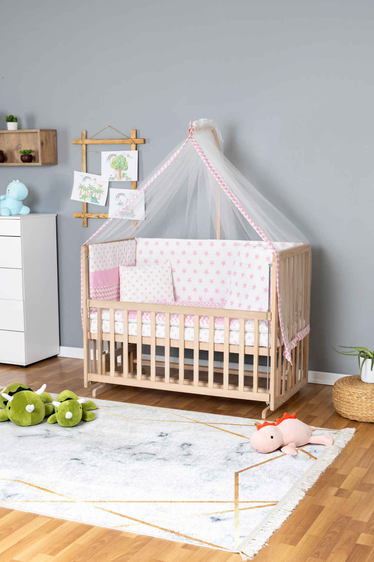 Wooden Crib Mother Side Crib Organic 60x120 - Pink Star 1 Padded Sleeping Set + Bed