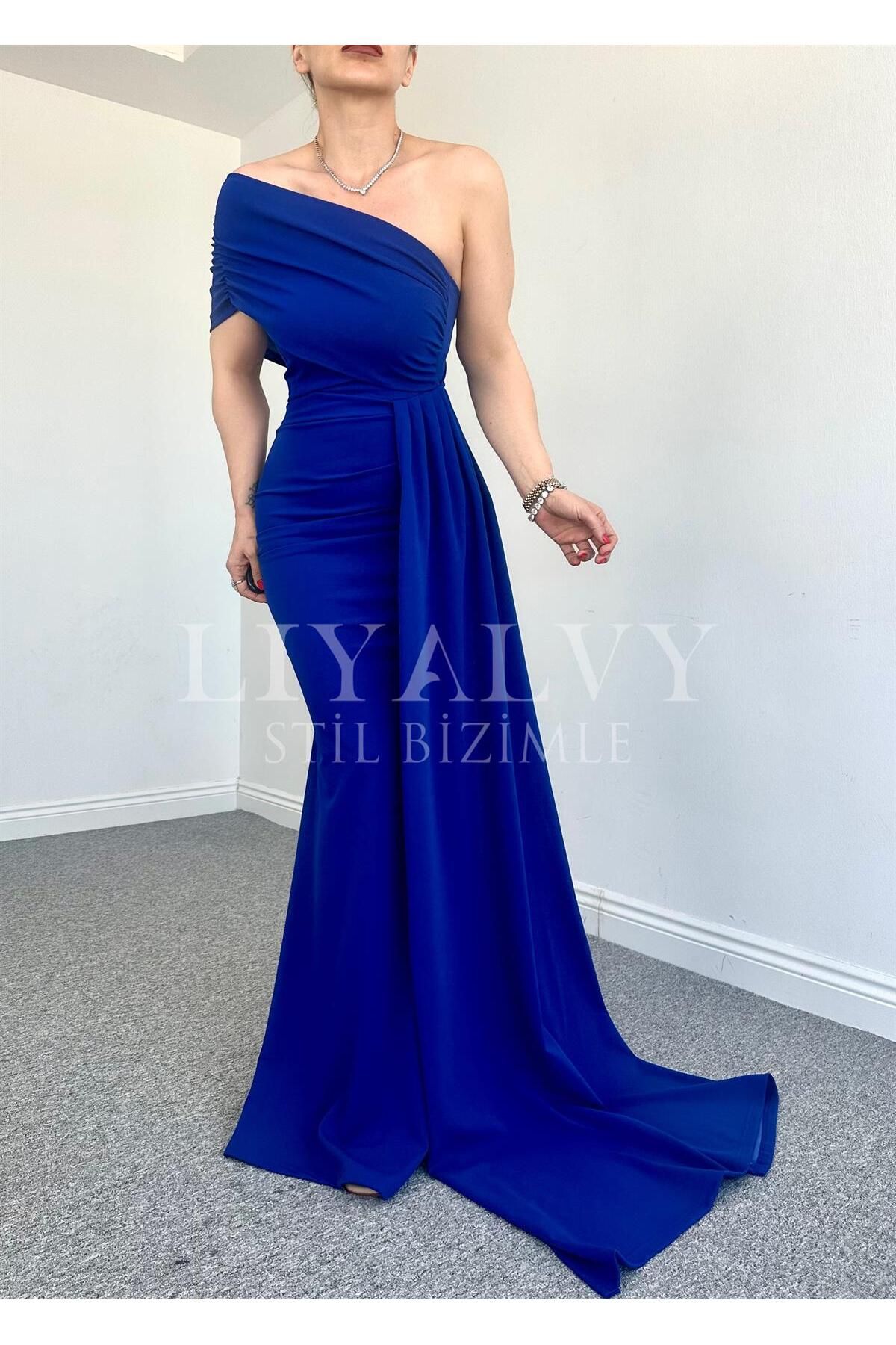 LİYALVY Rochie De Seara Paris Albastra Cu Maneca Din Tesatura Creponata Femeie - S