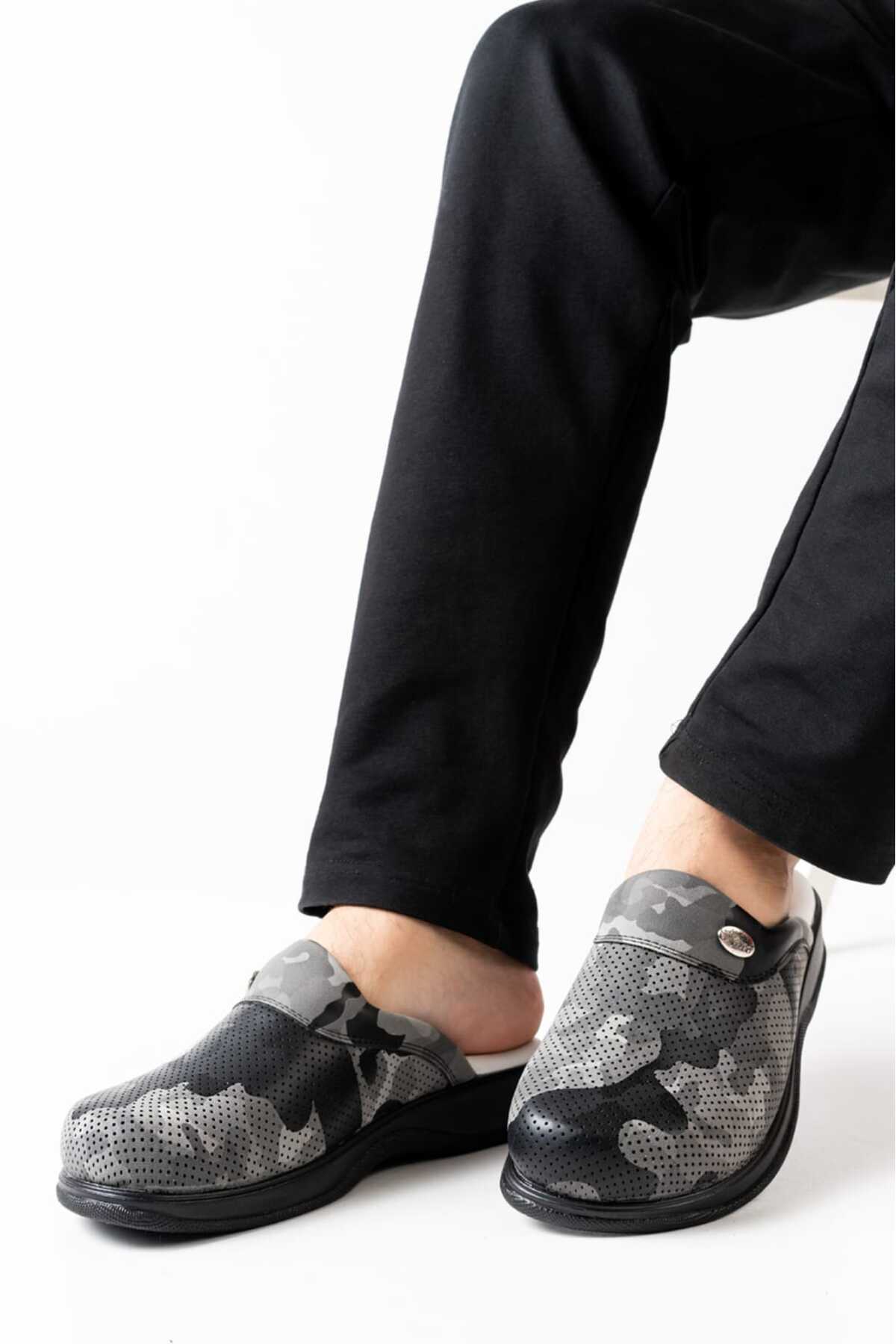 BLUMSABOTERLİK Gri Kamuflaj Klasik Erkek Sabo Tam Ortopedik Ve Anatomik Hastane, Doktor, Hemşire, Aşçı Terlik