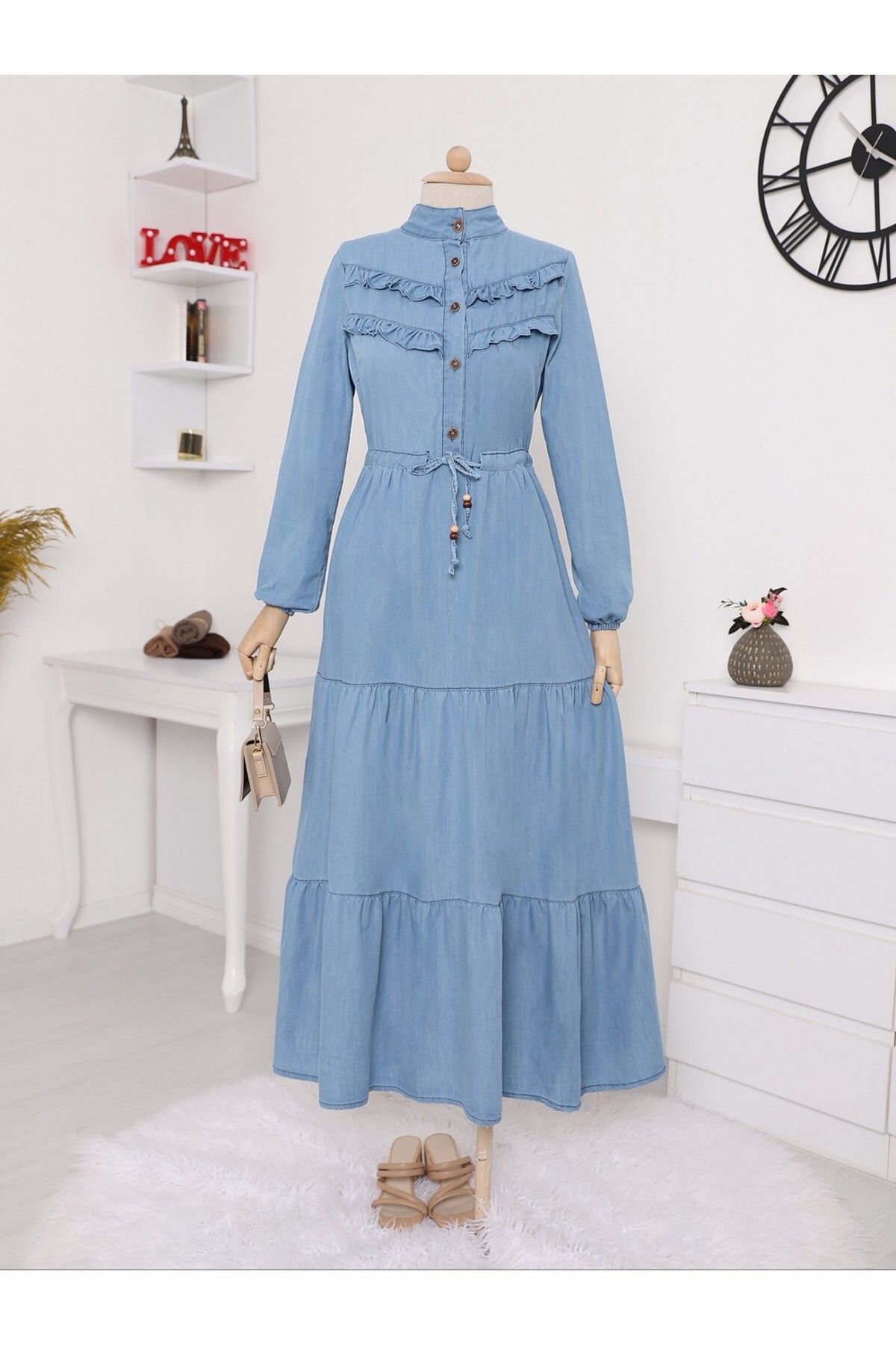 Modamorfo Half Buttoned Ruffle Front Piece Denim Dress Trendyol
