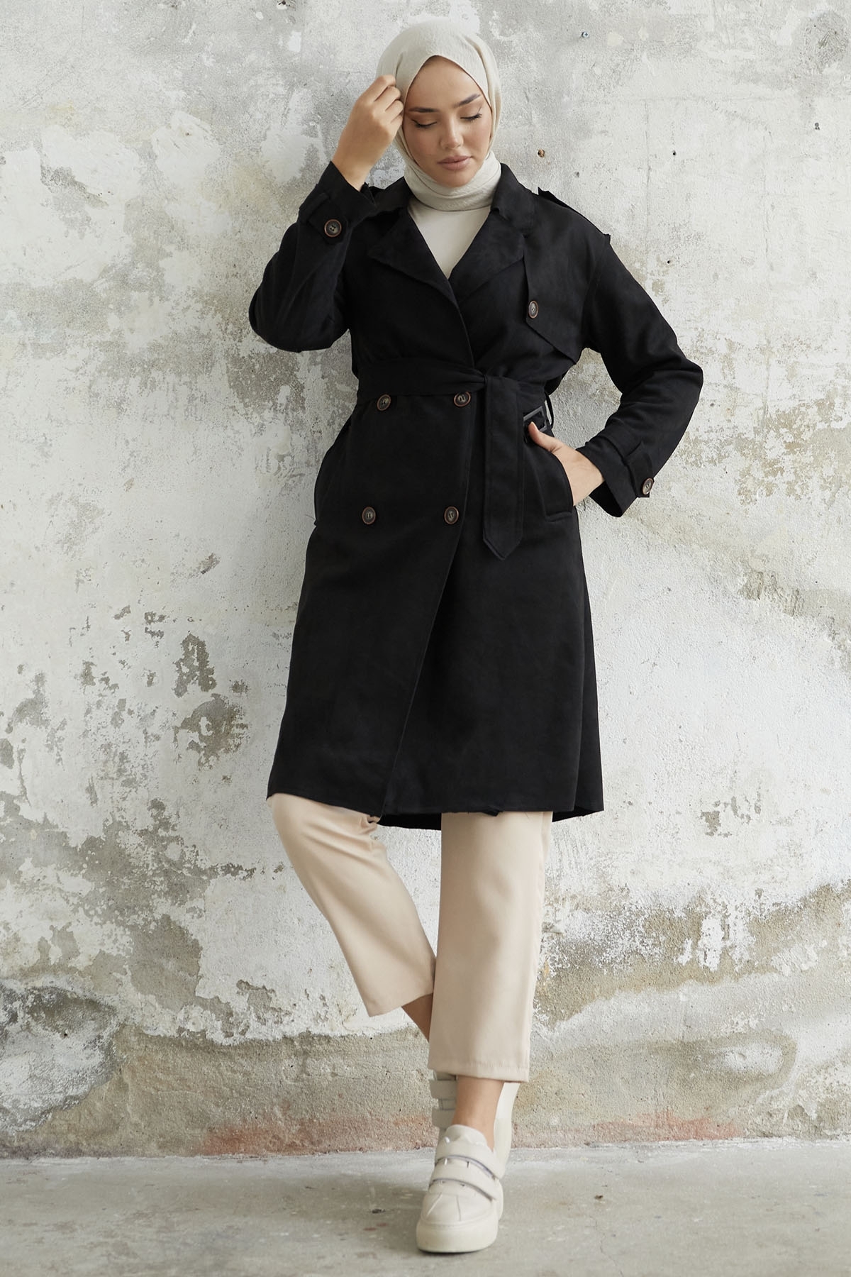InStyle Minka Belted Scuba Suede Trench - Black- Trendyol