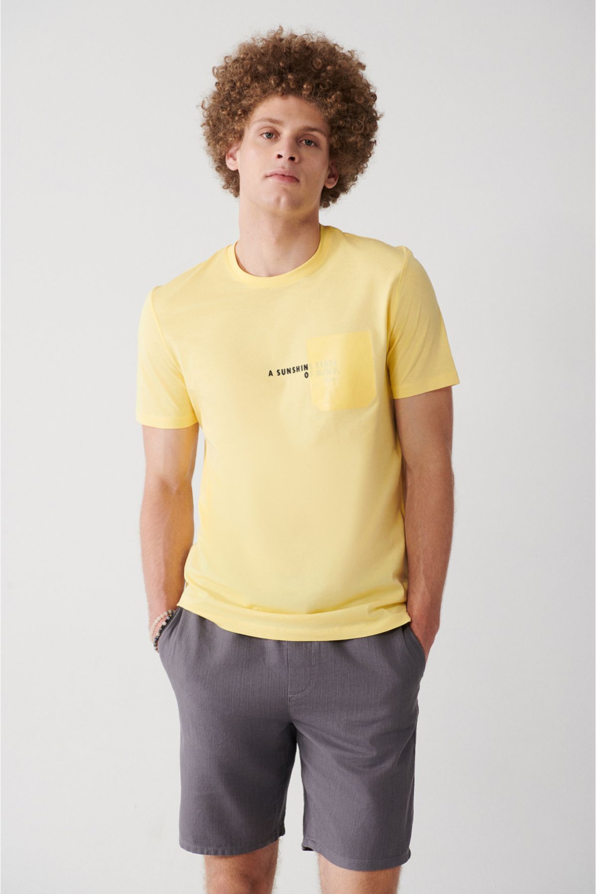 Avva تی شرت معمولی با چاپ جیبی یقه صد در پنبه ای زرد
