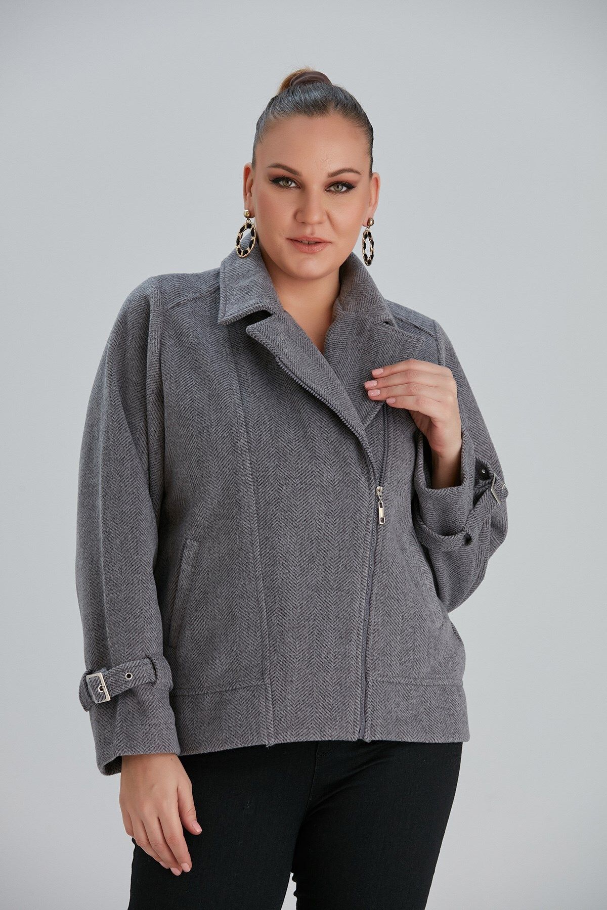 Rmg Asymmetrical Herringbone Pattern Plus Size Gray Stash Jacket