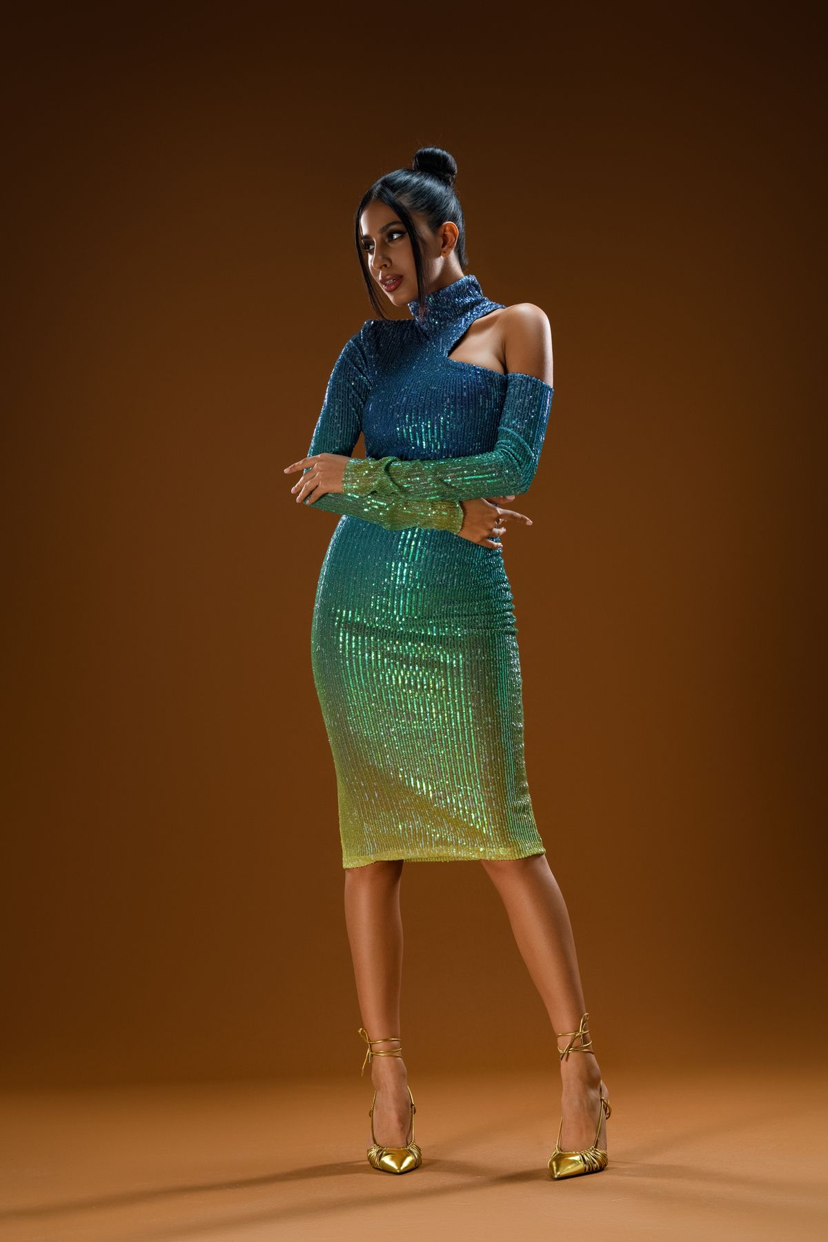 Gira official-Rochie midi cu detaliu pe umeri, albastru bleumarin, verde 3