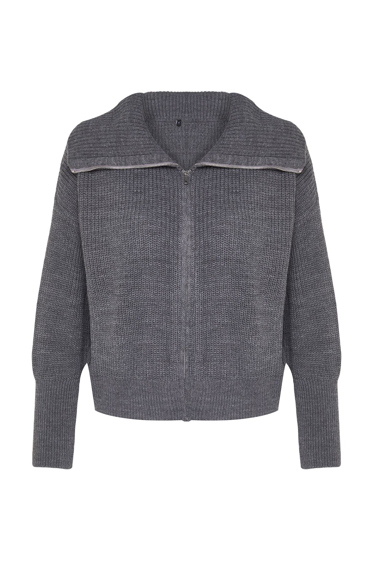 Trendyol Collection-Weit geschnittener Strick-Cardigan mit Umlegekragen und Reißverschluss – Anthrazit TWOAW24HI00072 9