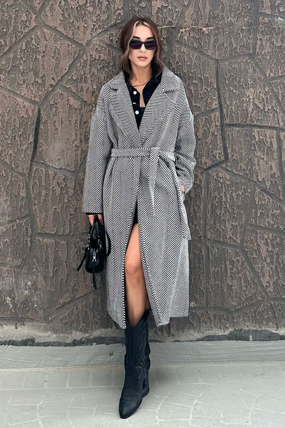 New Season Women's Herringbone Patterned Belted Cashmere Long Coat
