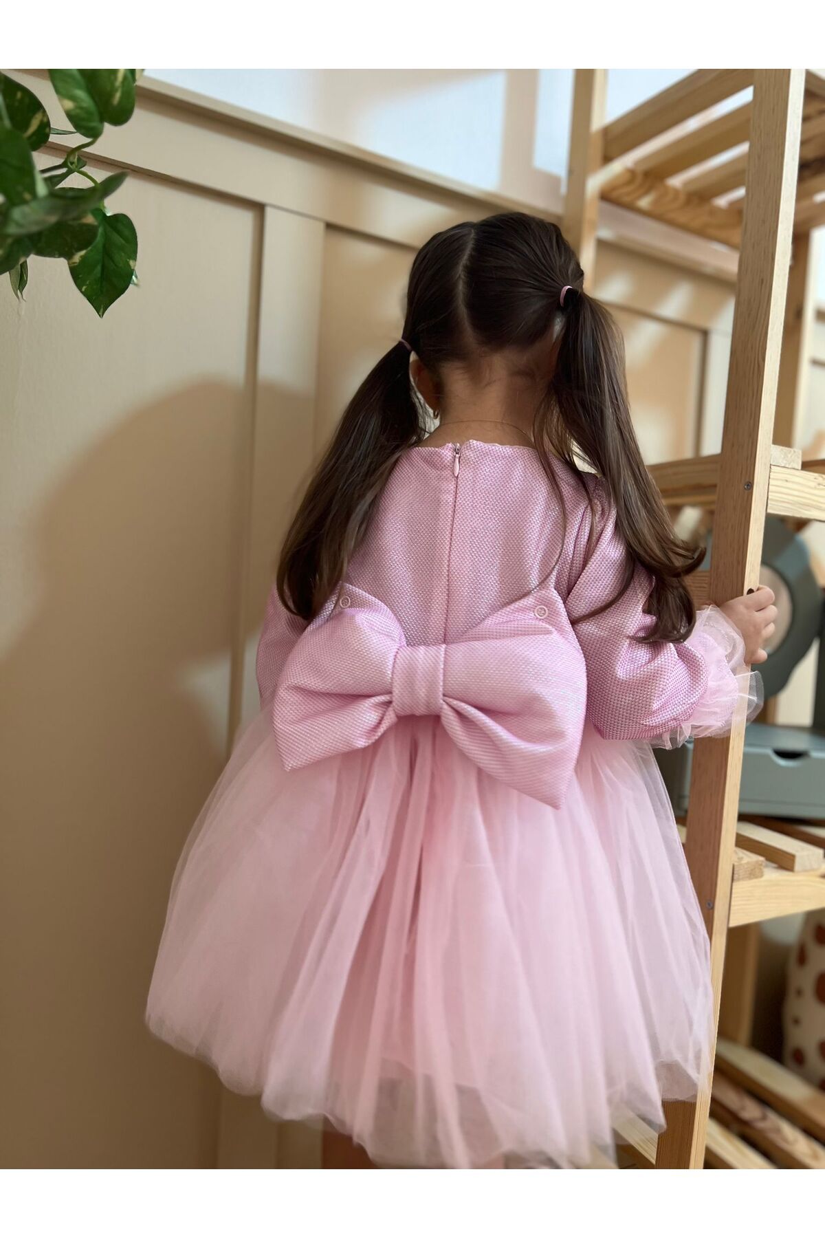 penu baby kids Pink long Balloon Fabric Sleeve Detailed Tutu Tutu Baby Girl Dress long