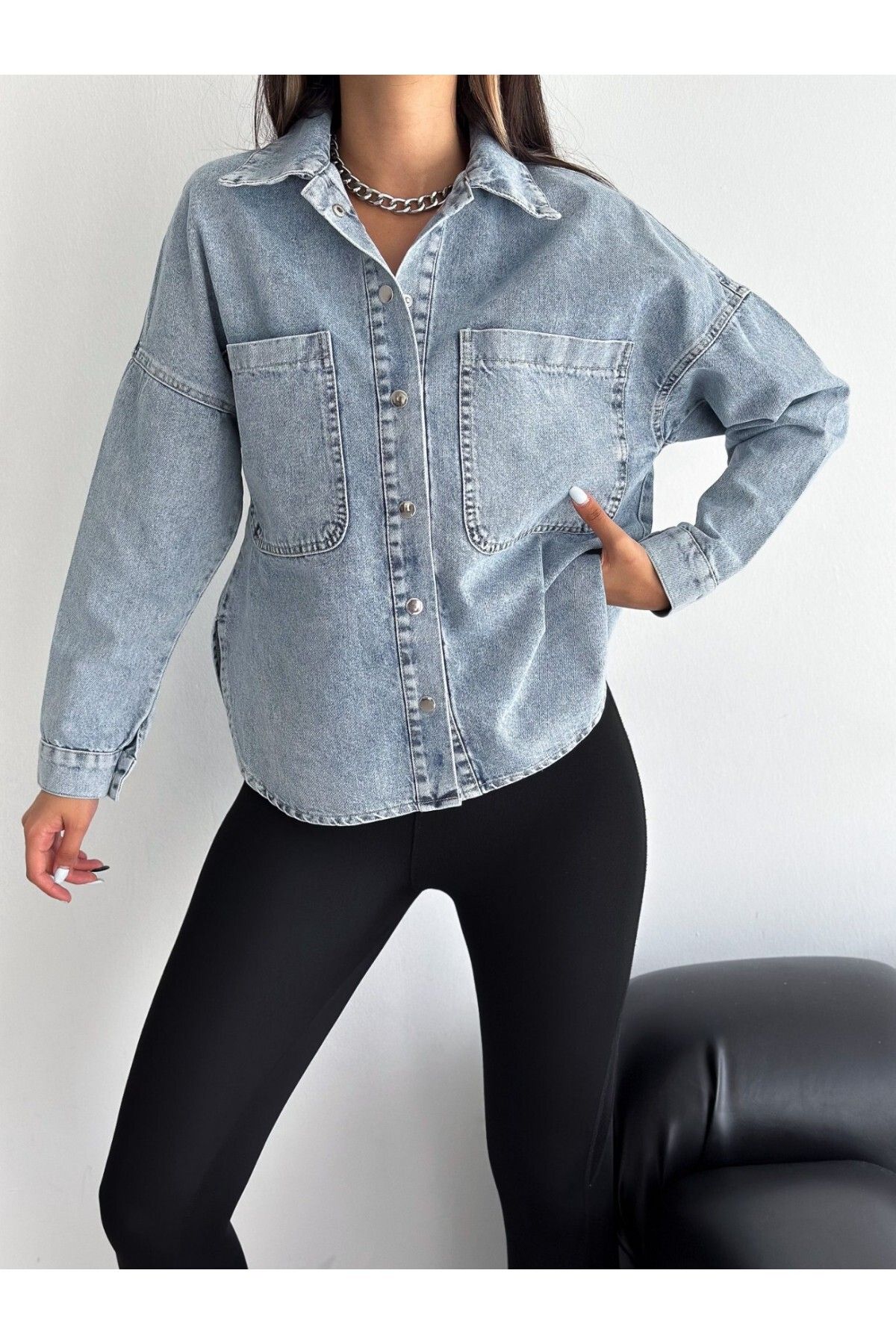 Modamorfo Double Pocket Snap Fastener Denim Shirt Jacket Trendyol