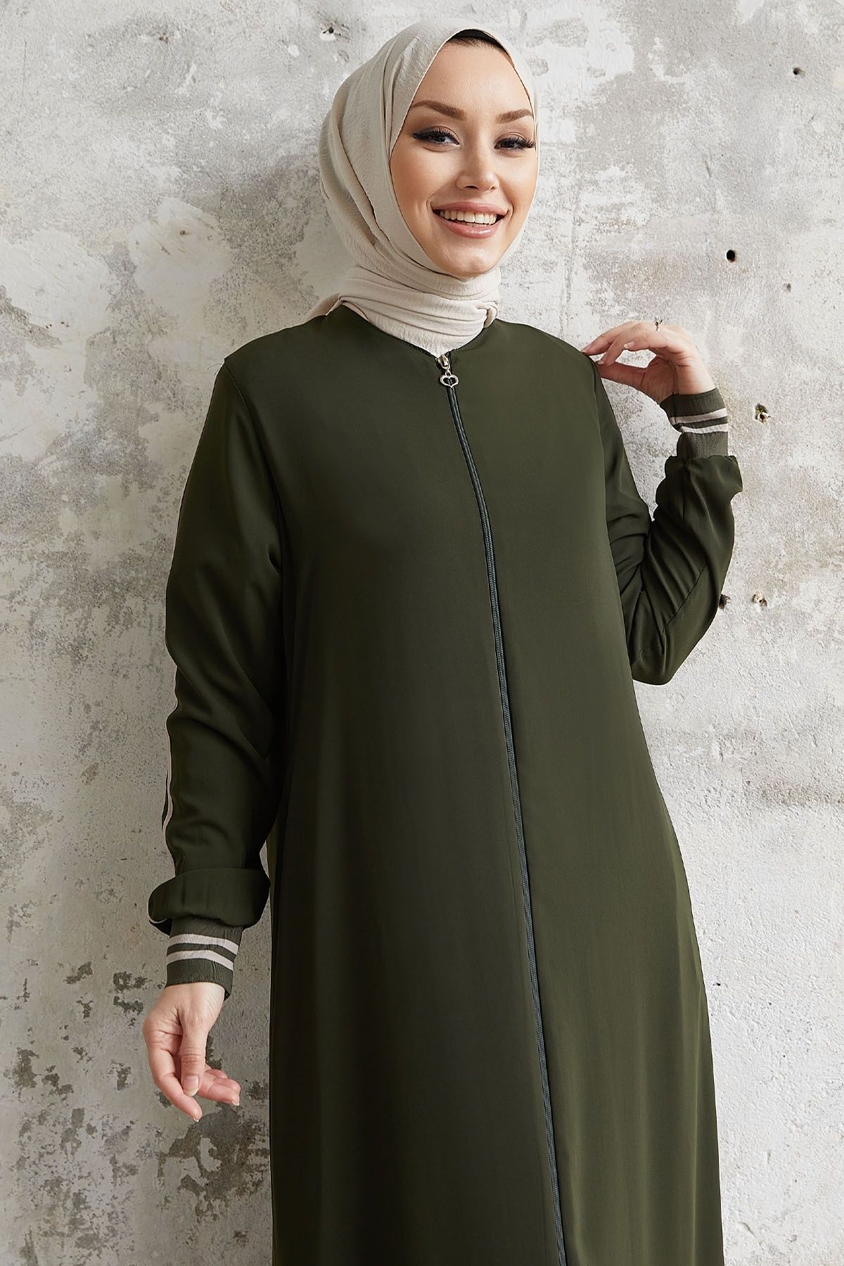 InStyle Hazel Stripe Pattern Ribbed Abaya Khaki