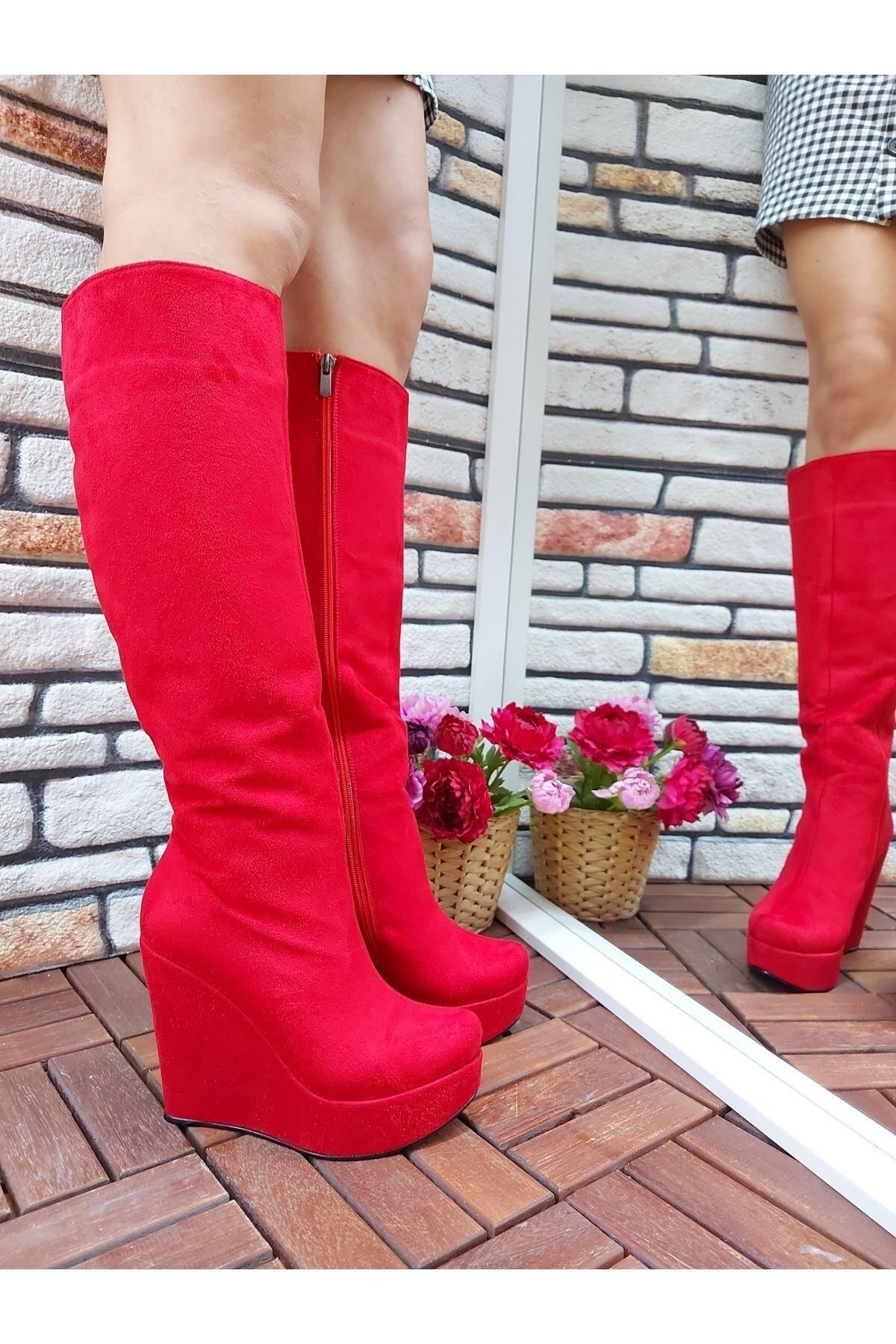 Red knee high wedge boots outlet