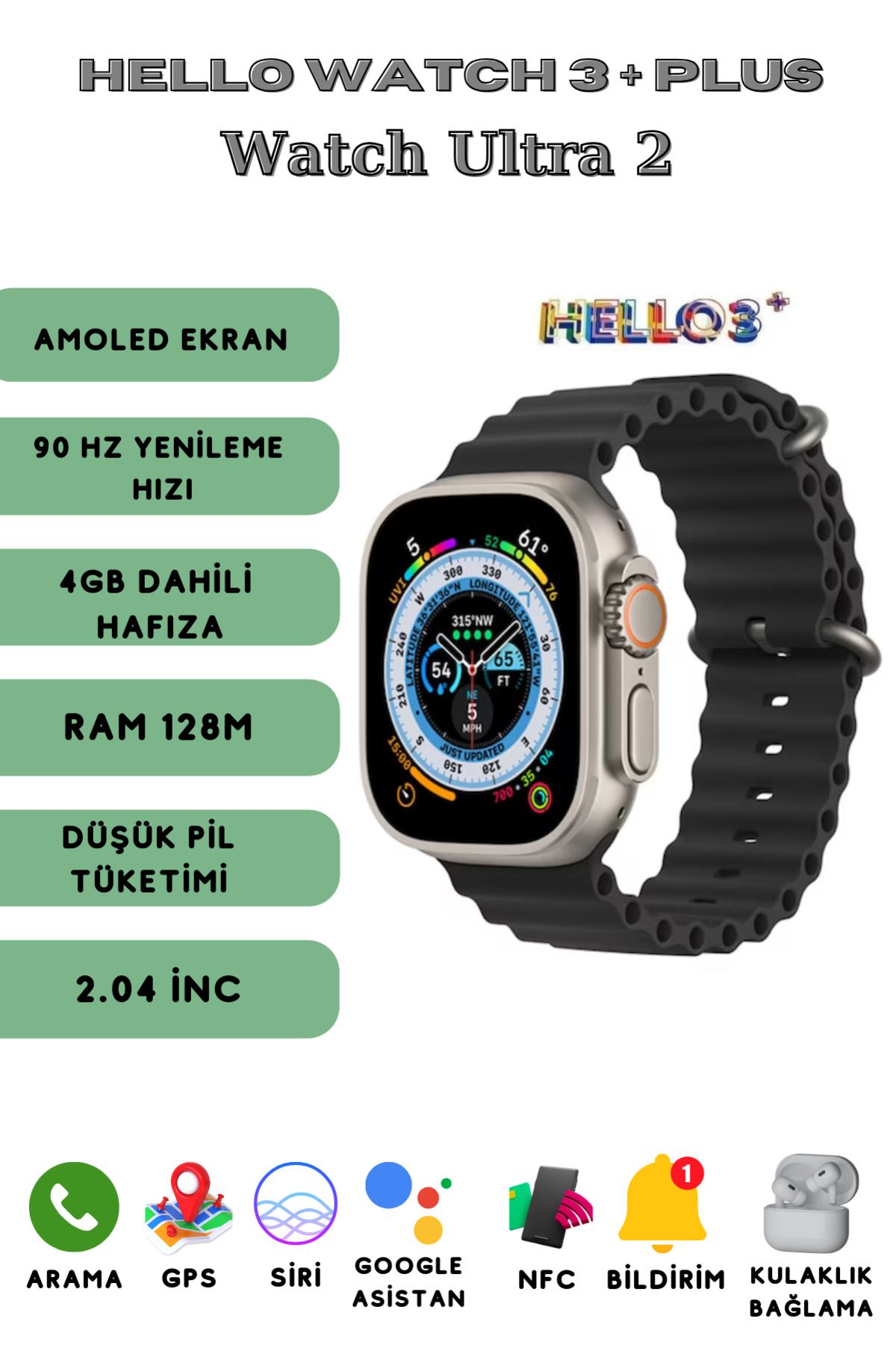 Hello Watch 3+ Plus 4gb Hafıza Ve Aksesuar Bağlantılı Akıllı Saat Amoled Ekran Kordon Hediyeli