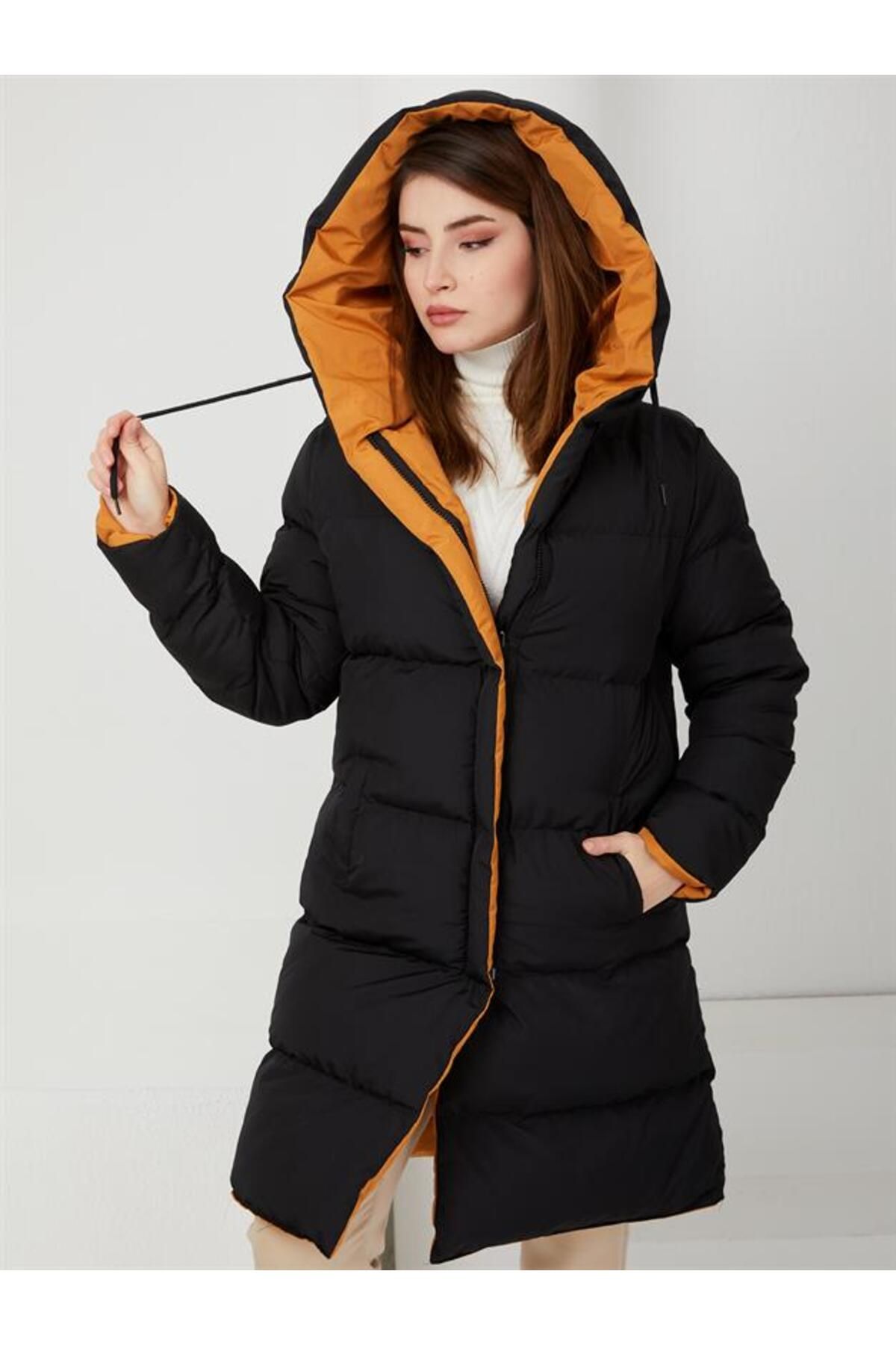 Olcay Hooded Two Color Double Sided Puffer Jacket Black mustard
