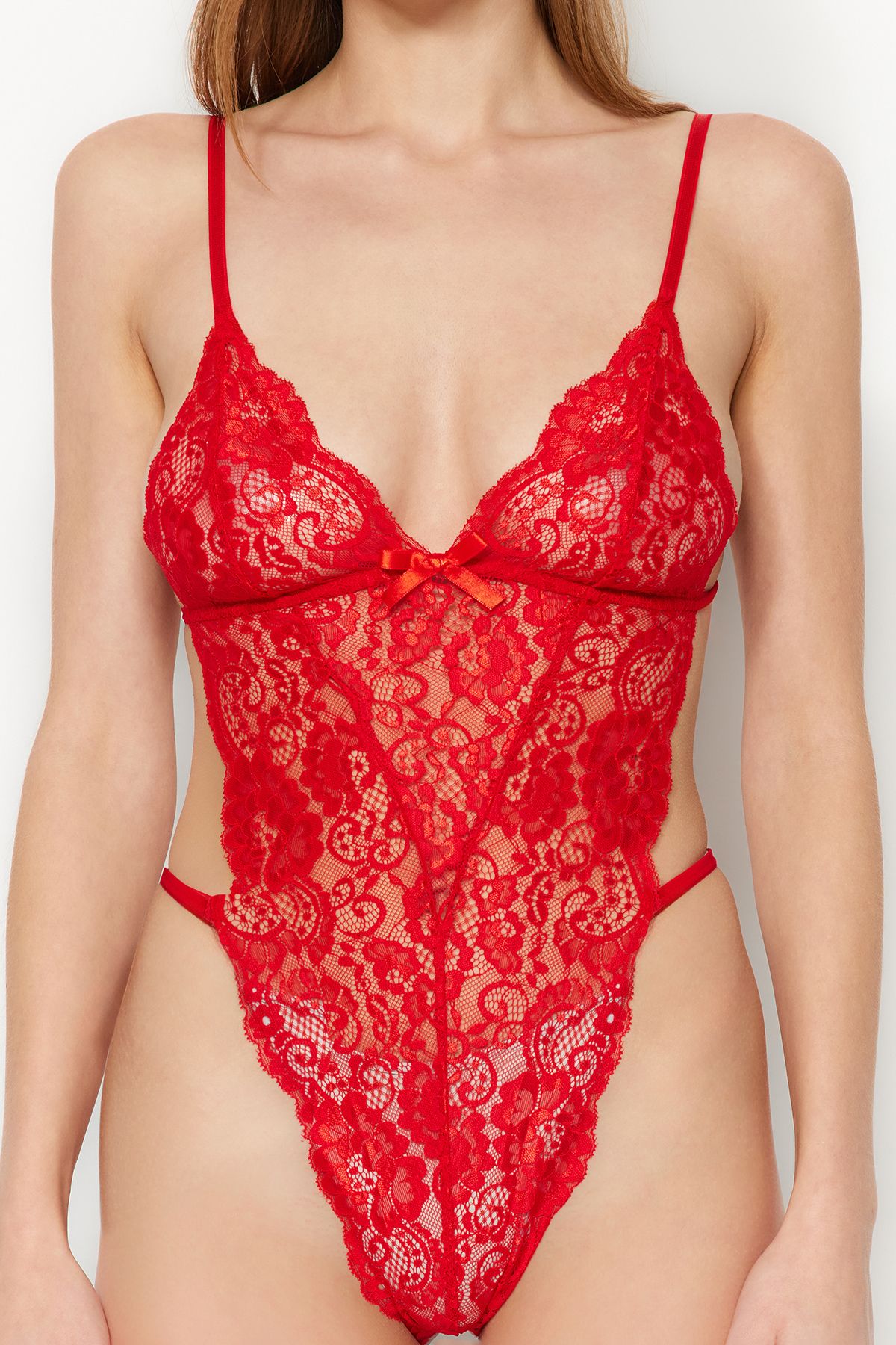 Trendyol Collection-Roter Strick-Body mit Schnürriemen und Druckknöpfen aus Spitze THMAW23BD00008 5