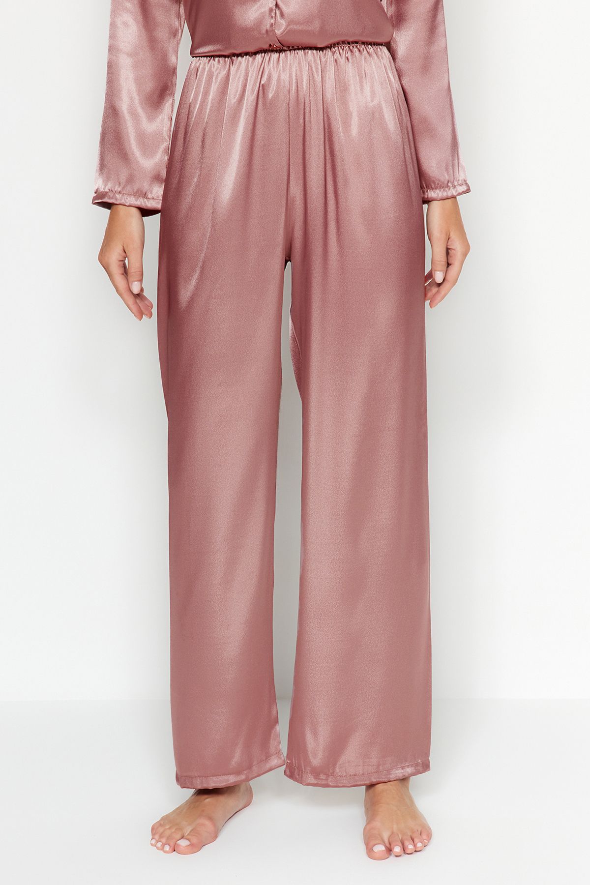 Trendyol Collection-Barna szatén ing-nadrág szőtt pizsama szett THMAW24PT00026 5