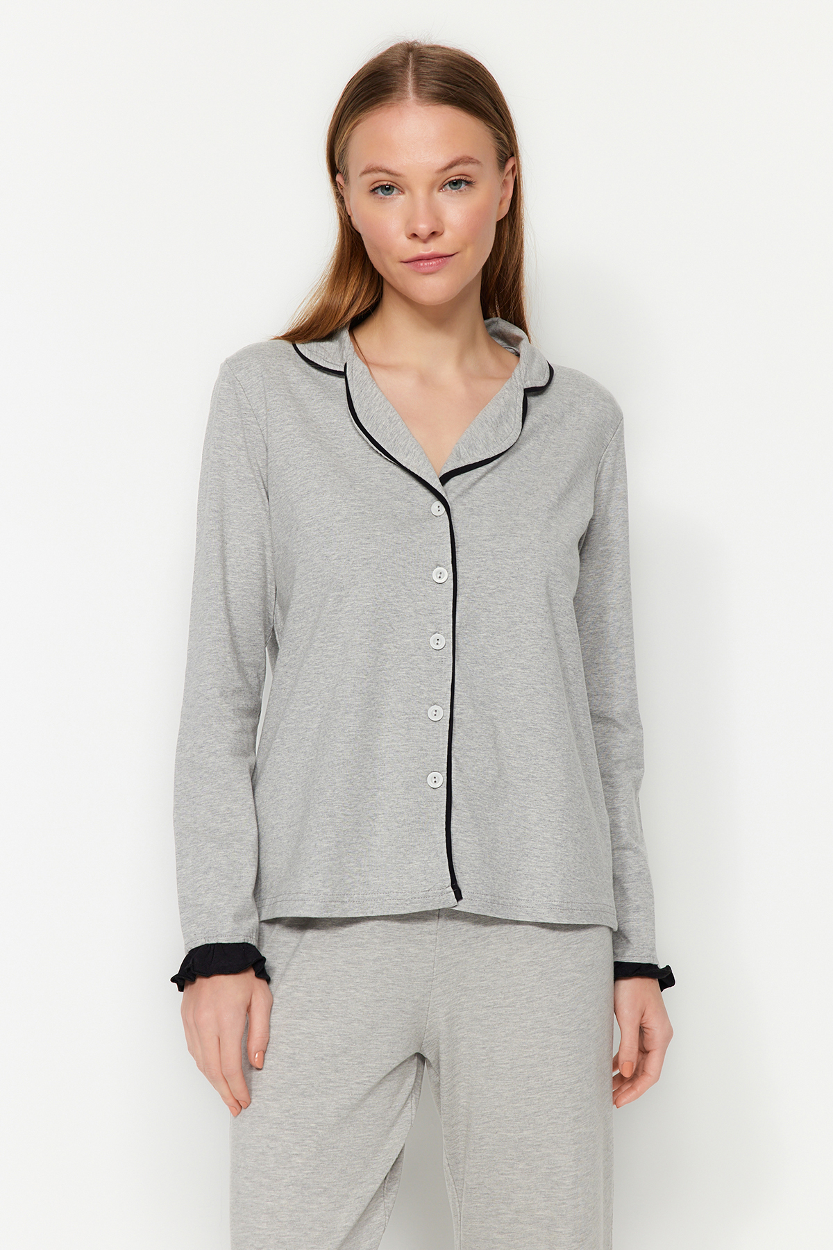 Trendyol Collection Gray Melange Ruffled Ribbed Shirt-Pants Knitted Pajamas Set Thmaw24Pt00007