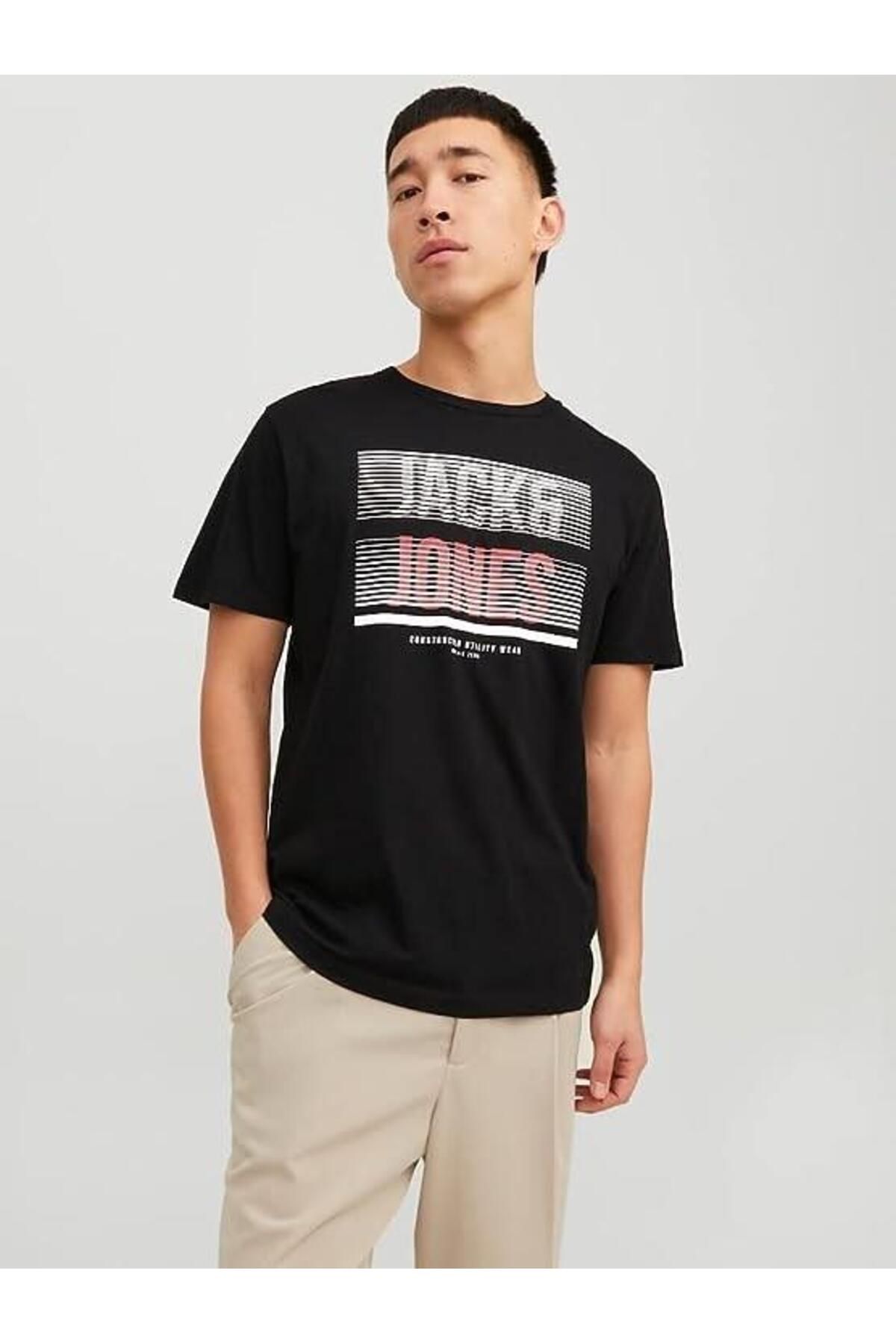 Jack Jones JACK JONES BLACK PRINTED CREW NECK T SHIRT Trendyol