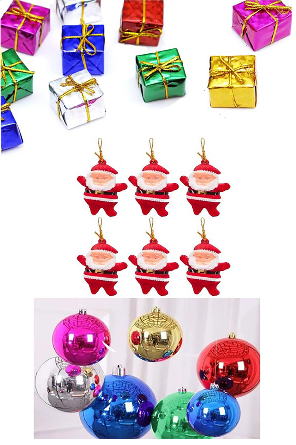 Parti dolabı 18 Parça Yılbaşı Ağacı Top Süs Noel Adam + Cici Top Süs + Mini Hediye Paketi Süs