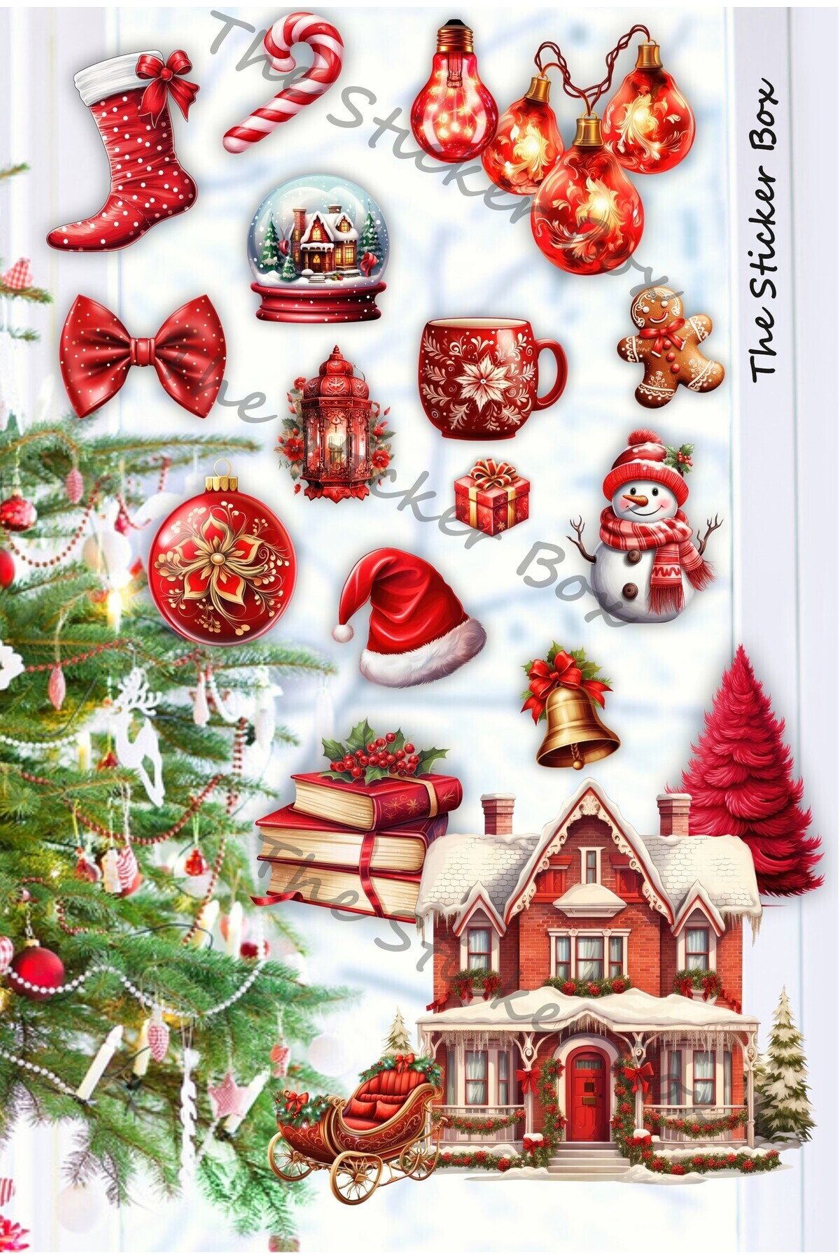 Think And Print Yılbaşı Duvar Sticker Seti, Işıklı Karlı Kırmızı ev Ve Yeni Yıl Kardan Adam Yılbaşı Süsü Seti fotoğrafı 2 (önizleme)
