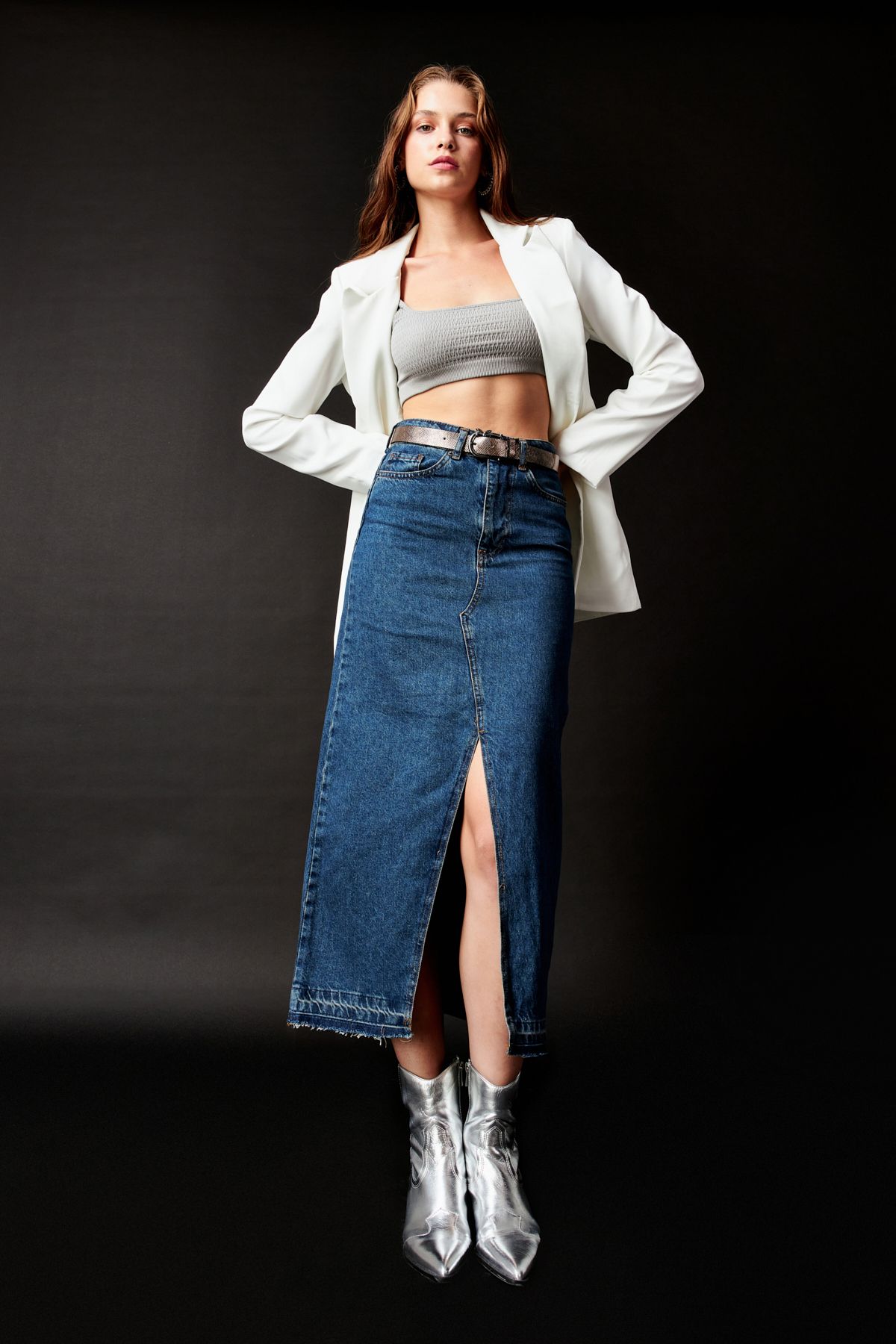 High waisted denim maxi on sale skirt