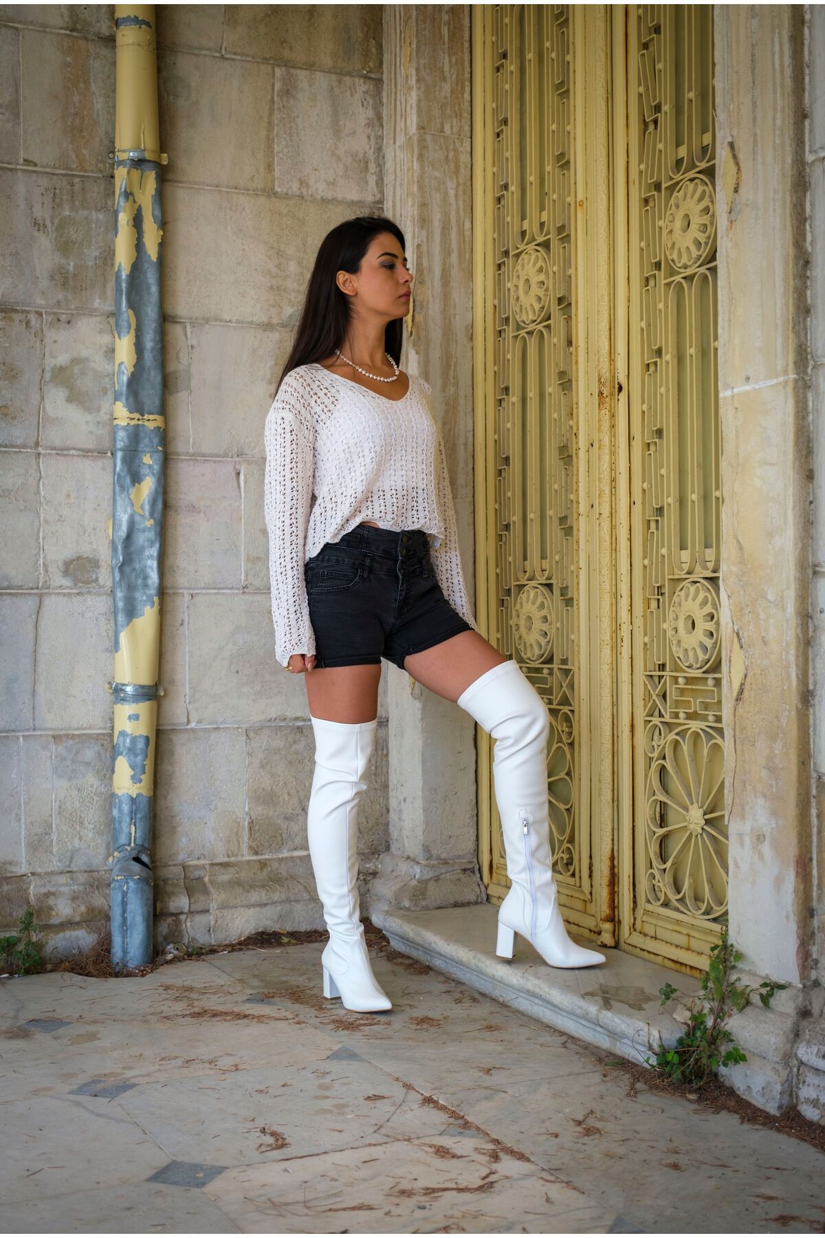 White thigh high clearance boots low heel