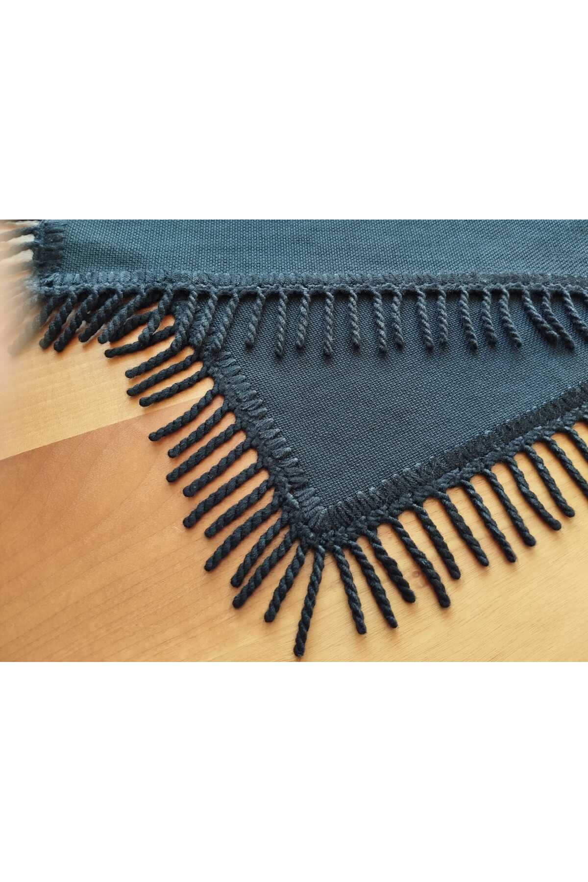 Siyah Kırışmaz Keten Linen Kumaşından püsküllü Masa Örtüsü Sehpa Örütüsü Runner 3