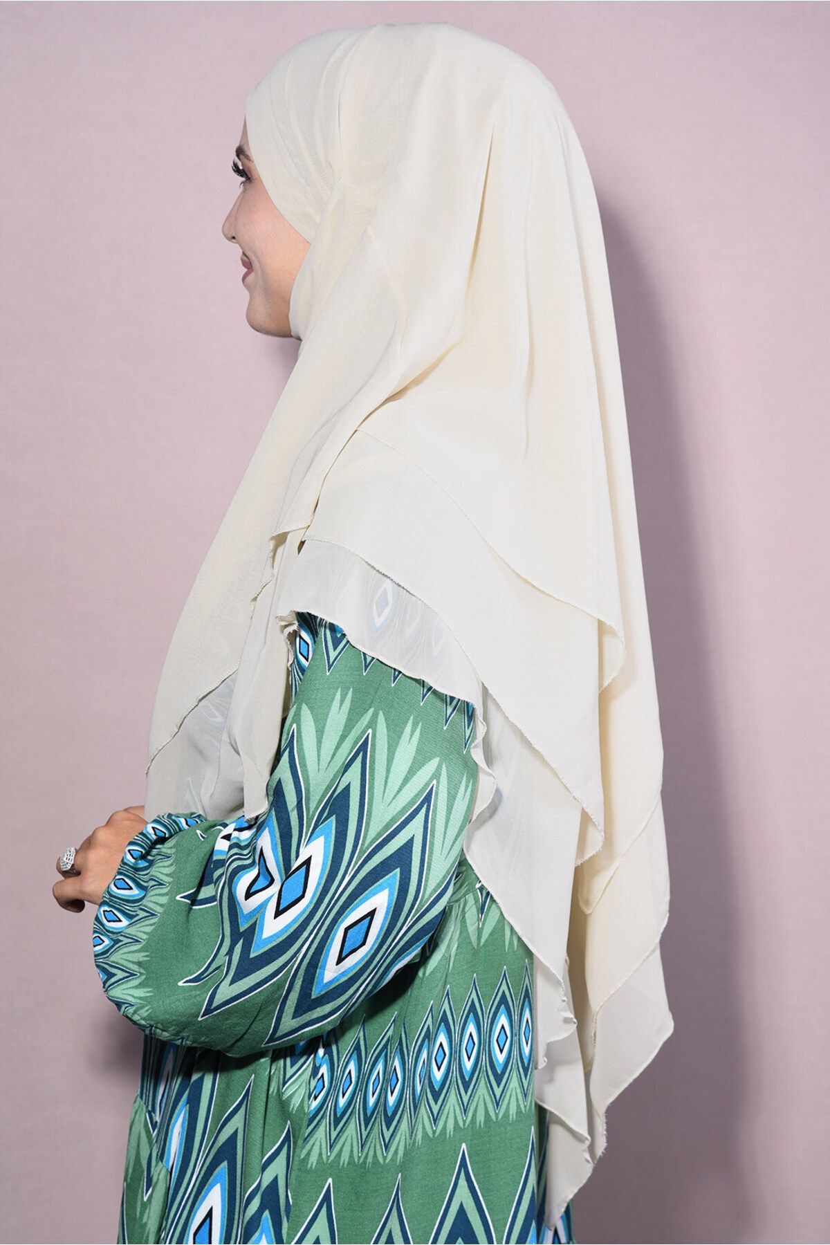 Tek Tesettür Giyim-Hijab Chiffon Souffle Khimar Medium Size Beige 1