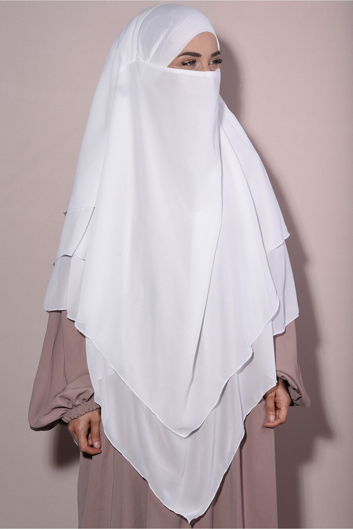 Tek Tesettür Giyim-Chiffon Ready Veiled Souffle Three Layer Ecru - Ecru 1