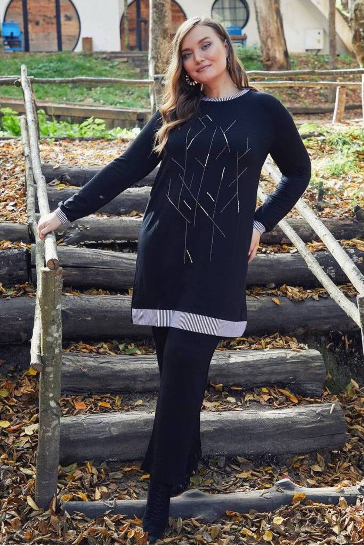 FOR ESRA BIG TREND Kadın Ön Taş Baskı Çizgi Detay Alt Bel Lastik Bol Paça Üst Uzun Viskon Esnek Alt üst Takım