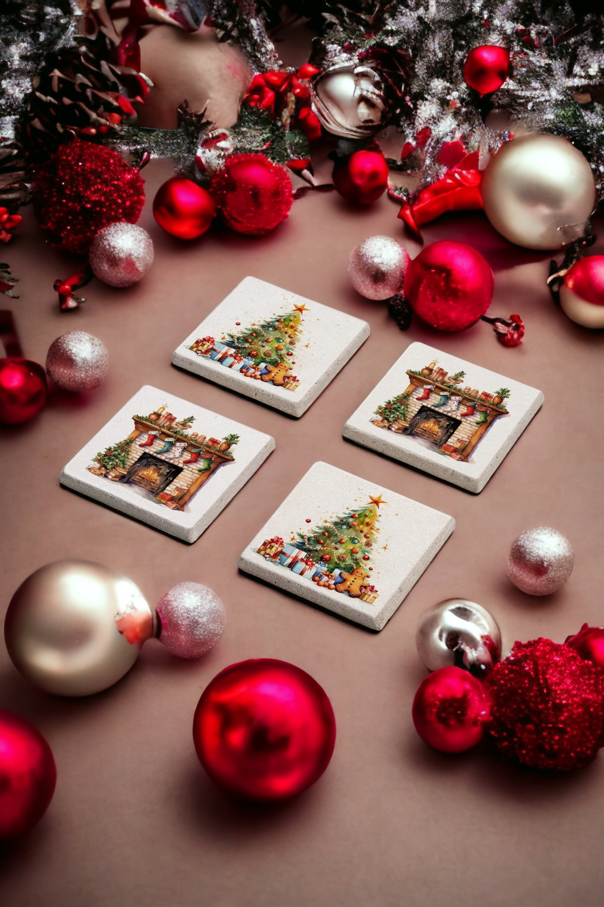 Christmas Fireplace and Tree, Christmas Gift Natural Stone Travertine Coaster Set of 4