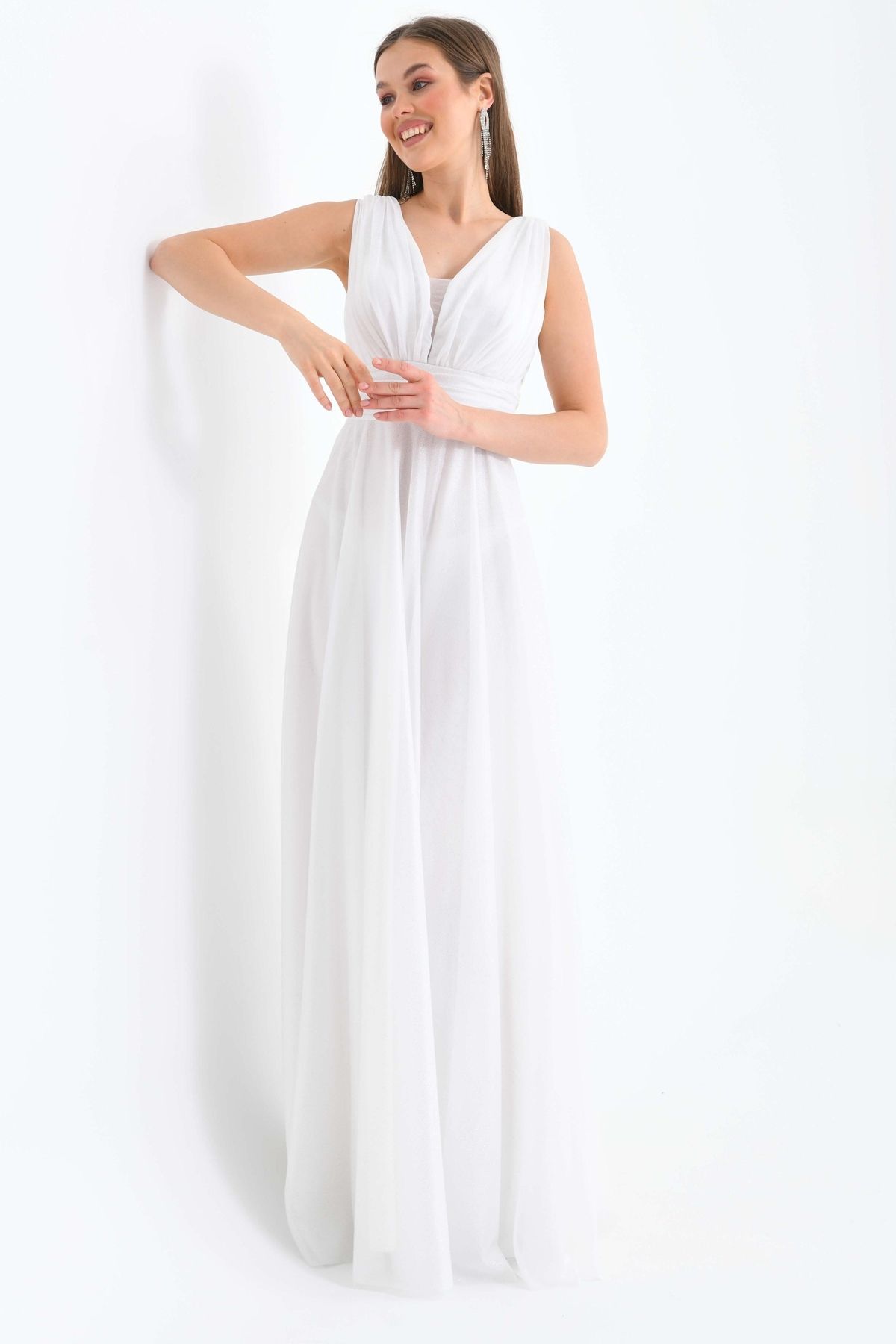 vuvutasarım-Sparkling Silvery Fabric Thick Strap V-Neck Princess Cut Maxi Length White Evening Dress 9223 6
