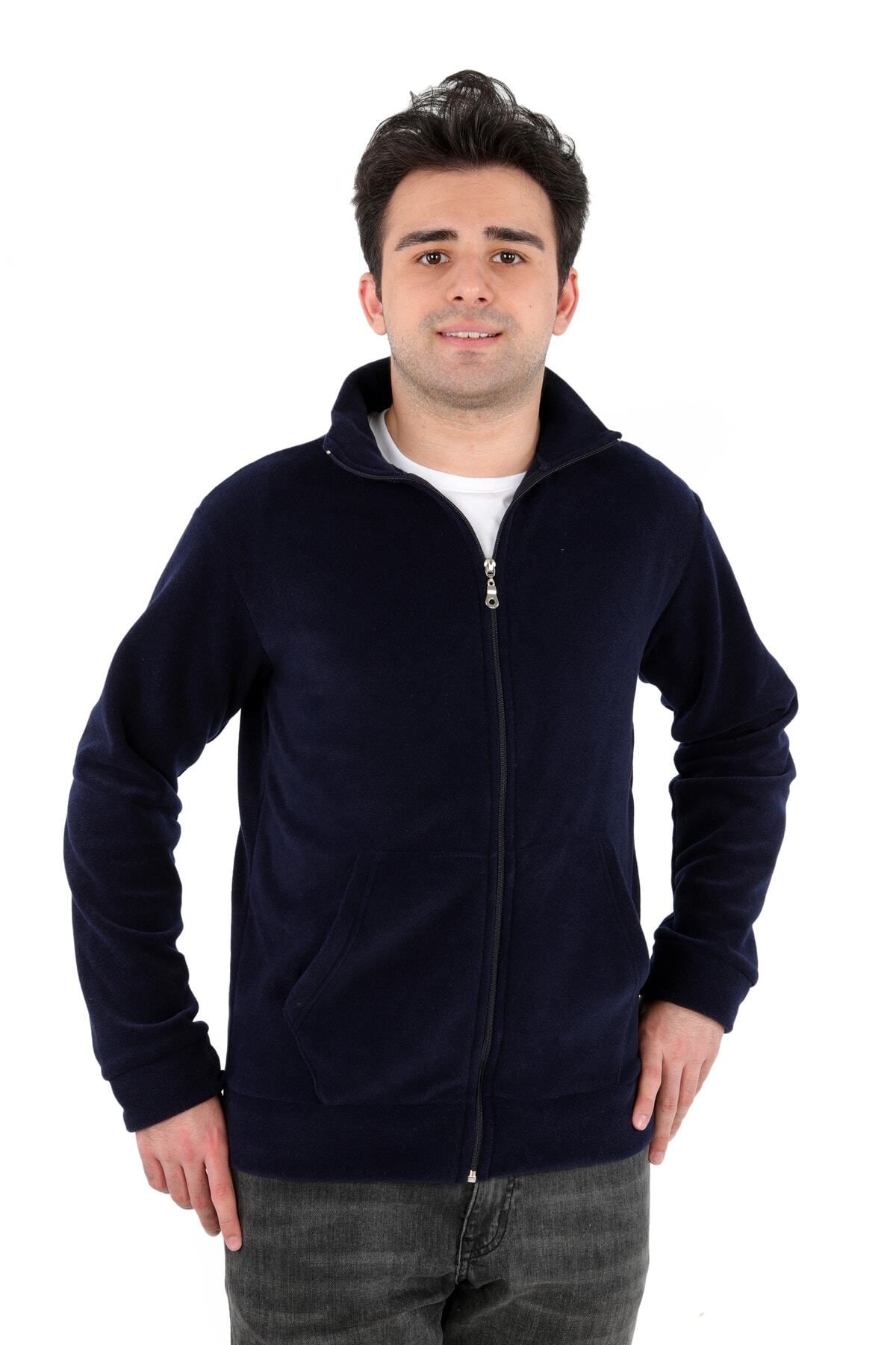 DİVİSTA-Men's Standard Fit Stand Collar Full Zipper Navy Blue Fleece 3