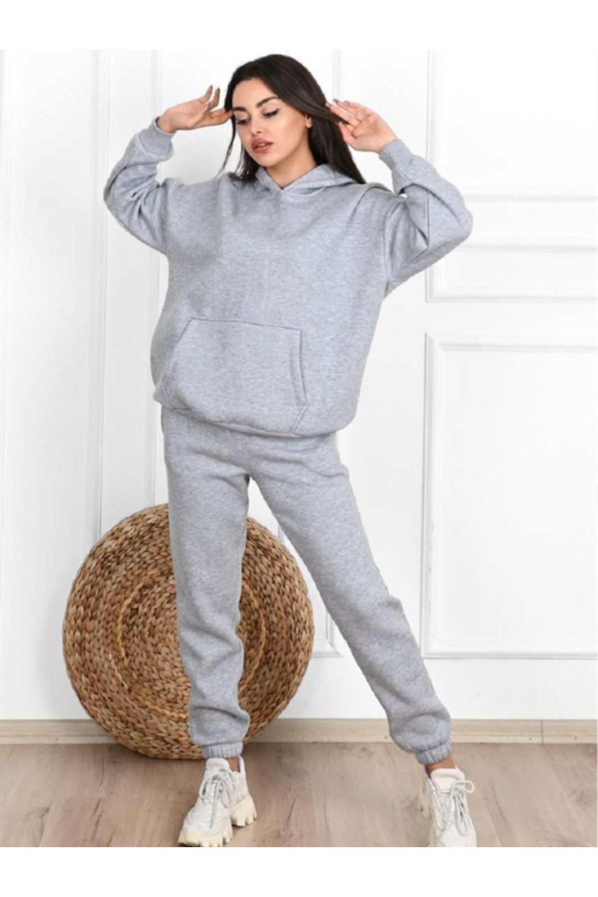 YAKAMEL Women s Gray Oversize Hoodie Tracksuit Set