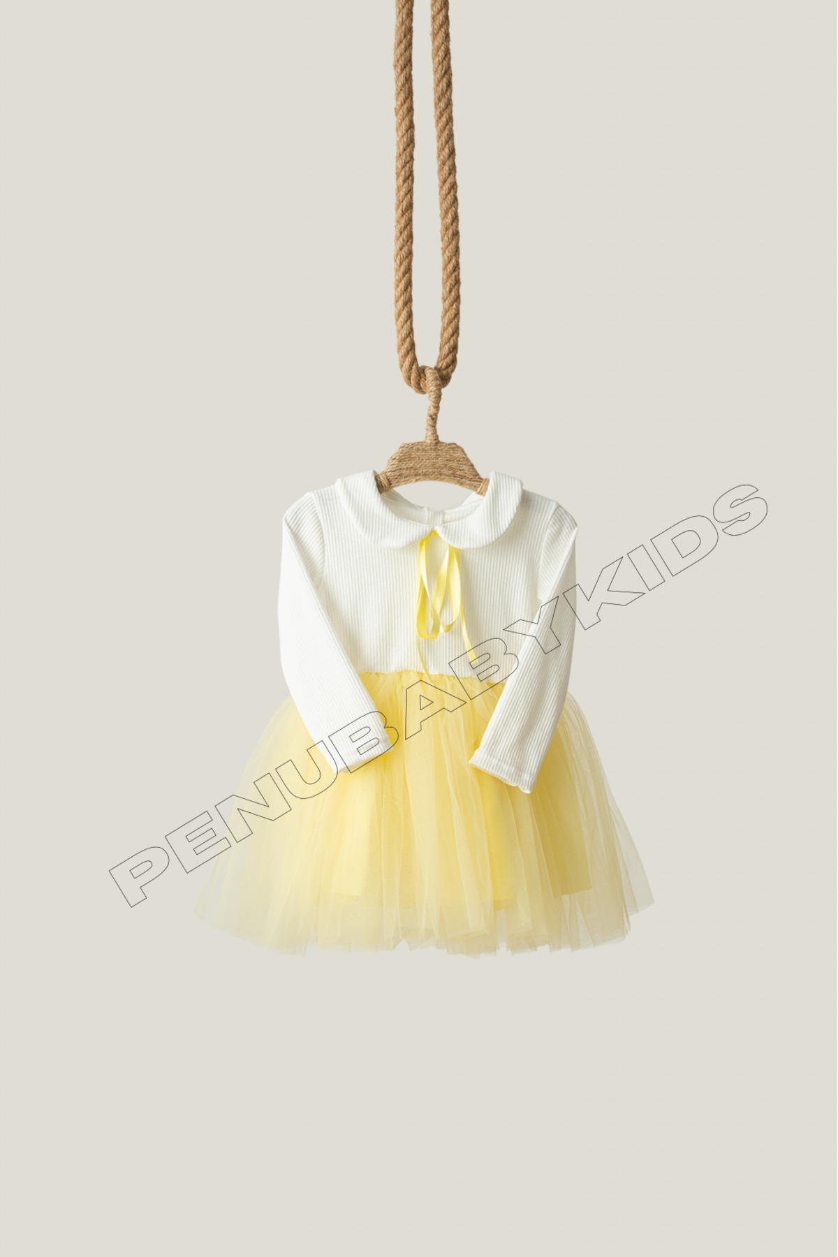 penu baby kids Sarı Kurdeleli Bebe Yaka Uzun Kol Kız Bebek Elbise - Heidi fotoğrafı 6 (önizleme)